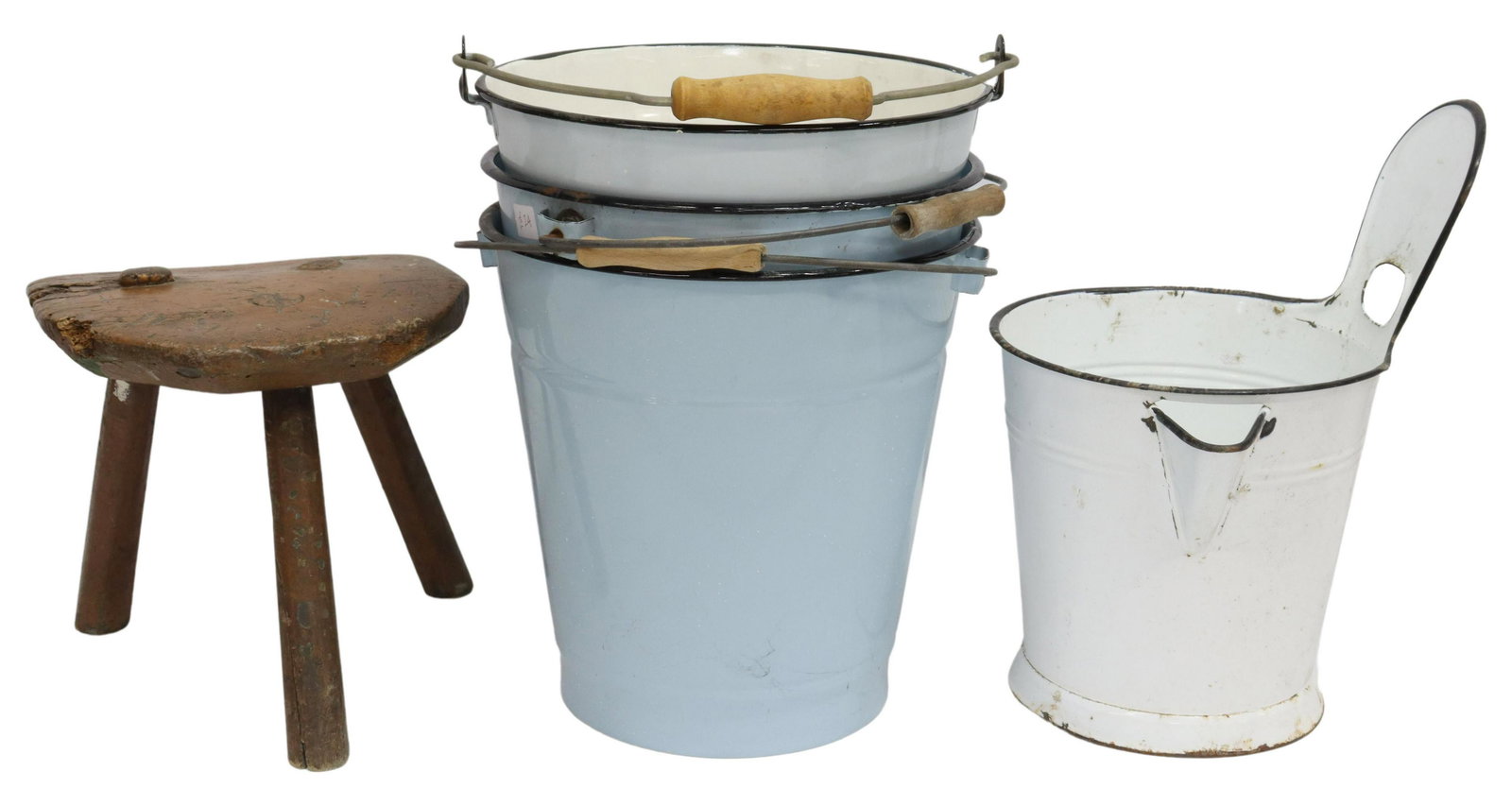 (5) ENAMELED METAL MILK PAILS & MILKING STOOL: (lot of 5) Milk pails and milking stool, including: (1) wood milking stool, 19th c., shaped seat, over tripodal base, woodworm, splits and loss to wood, approx 9.75"h, 10"w, 9"d; (1) English enameled 