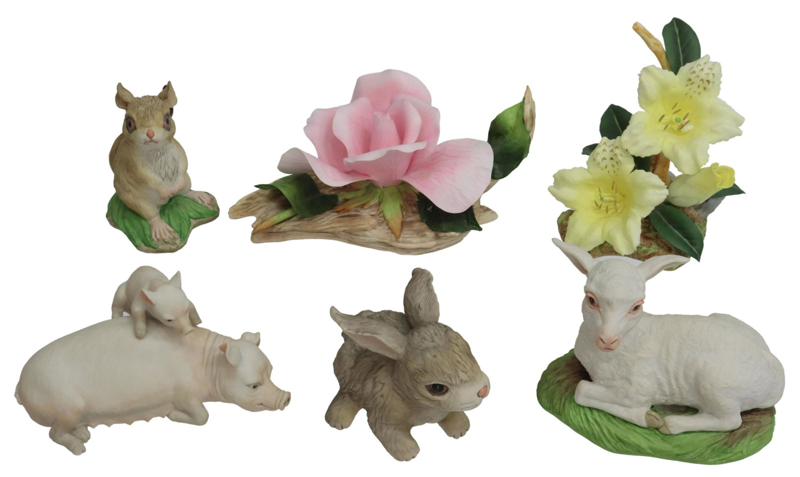 (6) BOEHM PORCELAIN FARM ANIMALS & FLOWER FIGURES: (lot of 6) Boehm porcelain farm animals and flower figurines,England, including: (1) sow and piglet, numbered 400-88, (1) deer mouse numbered 400-89, (1) lamb numbered 400-97, (1) rabbit at rest numbe