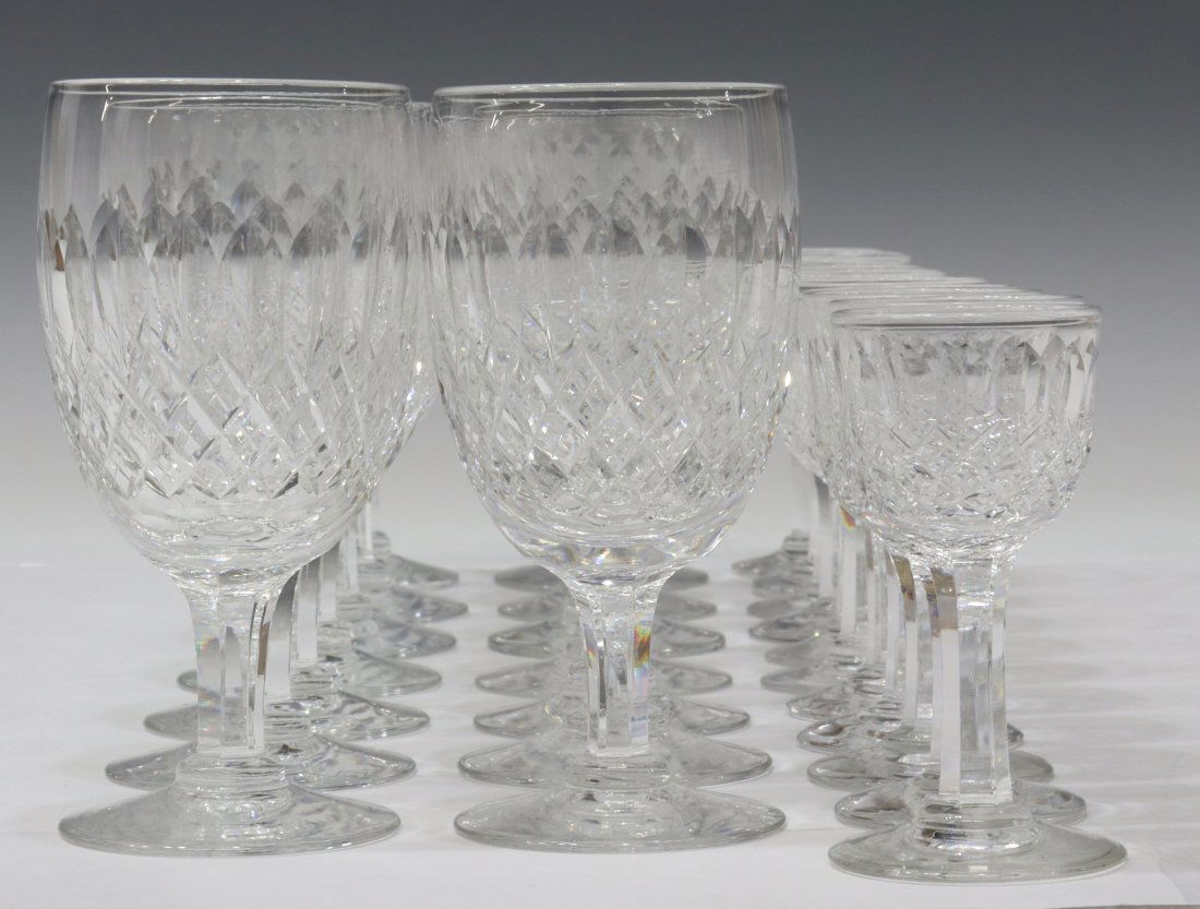 (25) ENGLISH THOMAS WEBB NORMANDY STEMWARE: (lot of 25) English crystal stemware, Thomas Webb, in the "Normandy" pattern, some with acid-etched mark "S" underfoot, including: (14) water goblets, (three) with chips, approx 5.75"h, 2.75"diam; (11