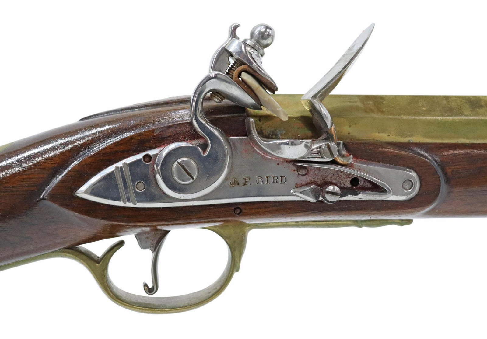 FLINTLOCK MUSKETOON, EST 77 CALIBER, ACCOUTREMENTS: Short barrel flintlock estimated to be 20mm (about 77 caliber) flaring at the muzzle to 28mm diameter, 18" brass and brass plated over the steel octagonal to round barrel, total firearm length 35", br