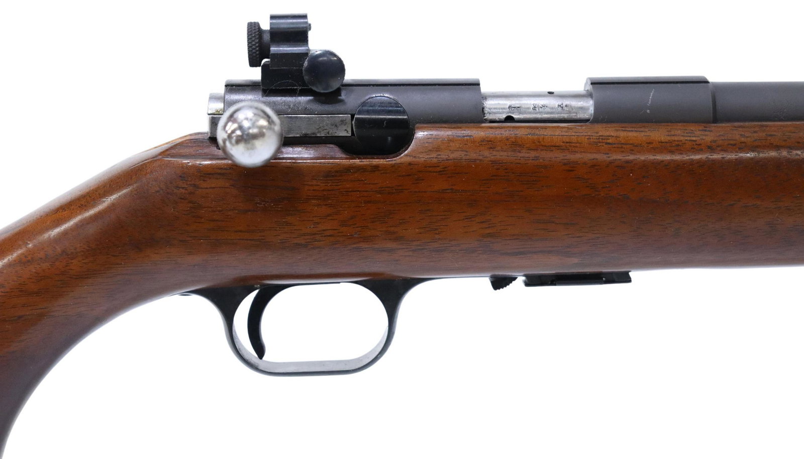 BELGIUM BROWNING, T-BOLT .22LR CALIBER RIFLE: Browning, Belgium made, T-Bolt rifle, .22LR caliber, 21" barrel, fixed front sight, adjustable rear peep sight, detachable five round magazine, hardwood stock, light scratching on metal and wood, brig