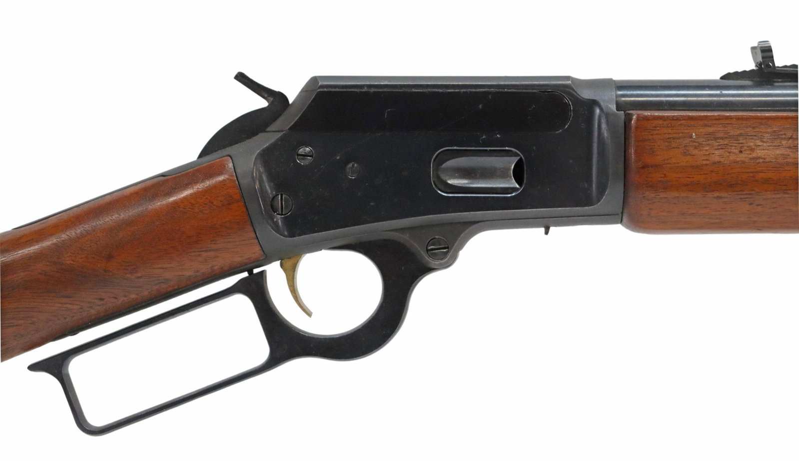 MARLIN MODEL 1894 CARBINE, .44 REM MAG CALIBER: Marlin Model 1894 Carbine, lever action, .44 Rem Mag caliber, 20" barrel, fixed hooded front sight, adjustable rear sight, tubular magazine, gilt trigger, walnut stock, two sling posts, good action, l