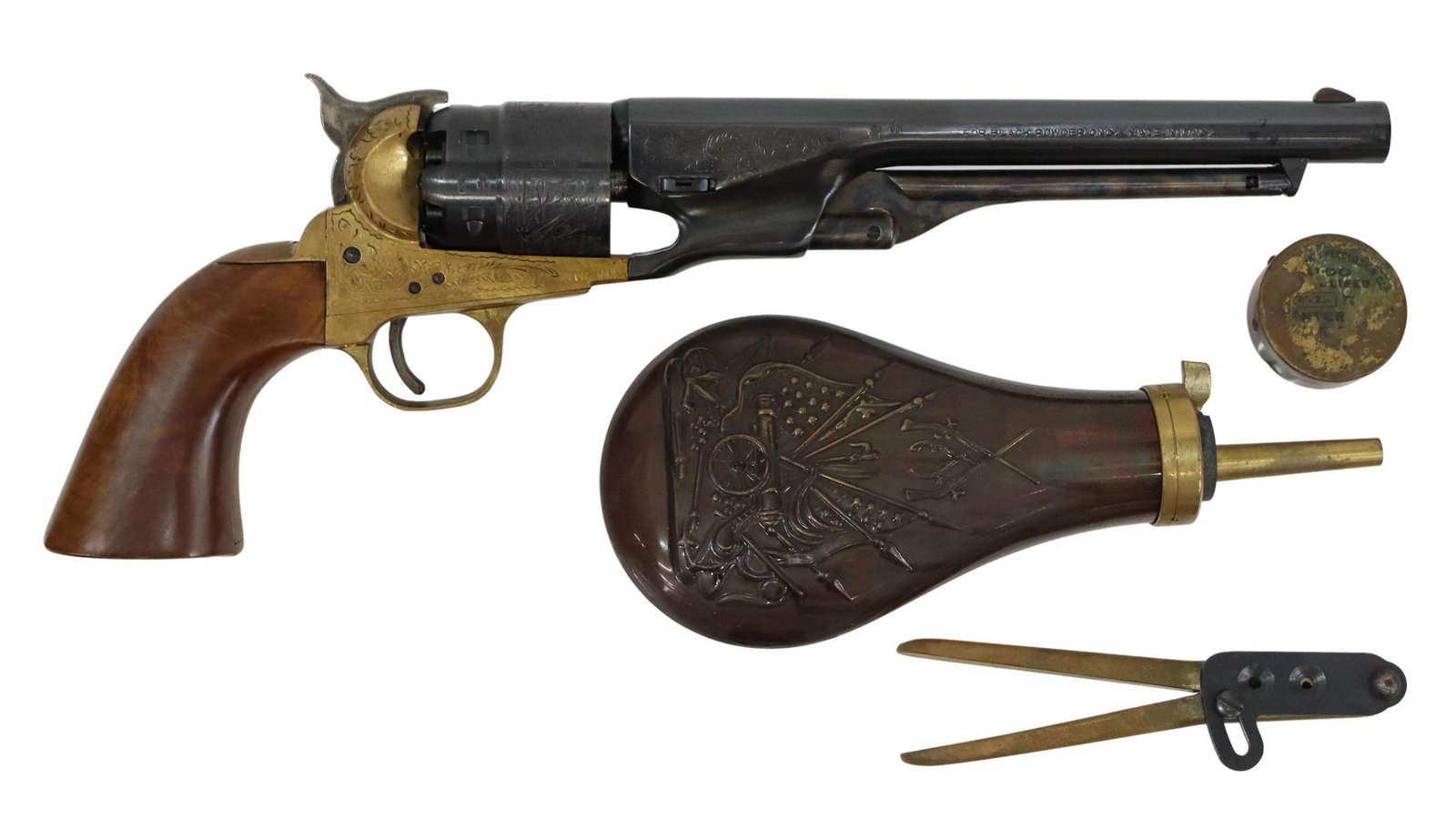 BOXED ENGRAVED ITALIAN COLT SAA 1860 REVOLVER .44: Italian Blackpowder reproduction Colt SAA Revolver, Model 1860, .44 caliber, 7.75" foliate engraved barrel, six round cylinder with Texas Navy battle scene, foliate engraved brass frame, wood grips, b