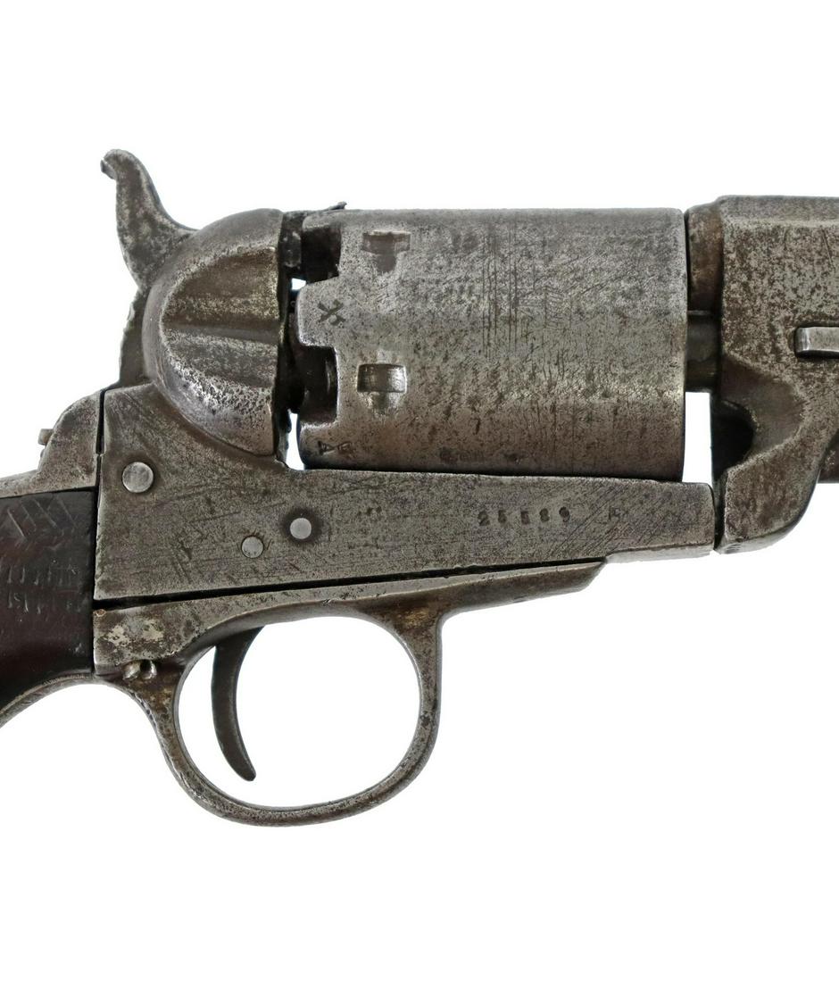 BELGIUM COPY, COLT REVOLVER, 19TH C.: Belgium 19th c. percussion revolver, similar to the Colt 1851 Navy revolver, mfg. by Janssen Fils & Cie, LiegeBelgium, ,38 caliber, 5.75" octagonal barrel with bead fron sight, six round cylinder, woo