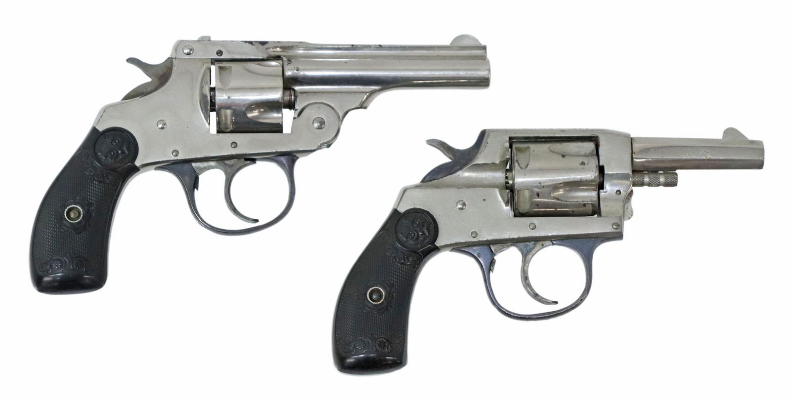(2) IVER JOHNSON .32 NICKEL PLATED REVOLVERS: (lot of 2) Iver Johnson nickel finish revolvers, blued trigger guards: (1) Model 1900, .32 caliber, 2.5" octagonal barrel, five round fluted cylinder, logo black grips, scratching and some loss to fin