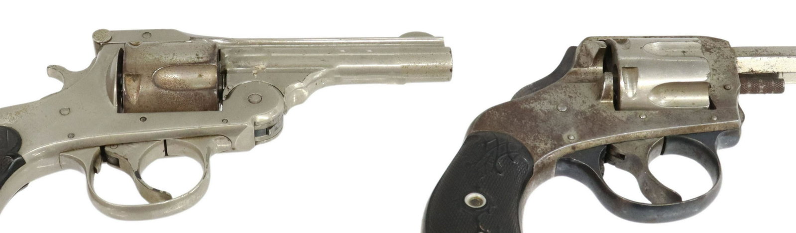 (2)HARRINGTON & RICHARDSON DOUBLE ACTION REVOLVERS: (lot of 2) Firearms: (1) H&R Arms Safety Hammer Double Action pistol, .32 S&W caliber, 2.5" octagonal barrel, six round fluted cylinder, black checkered hard rubber grips, nickel finish with substanti