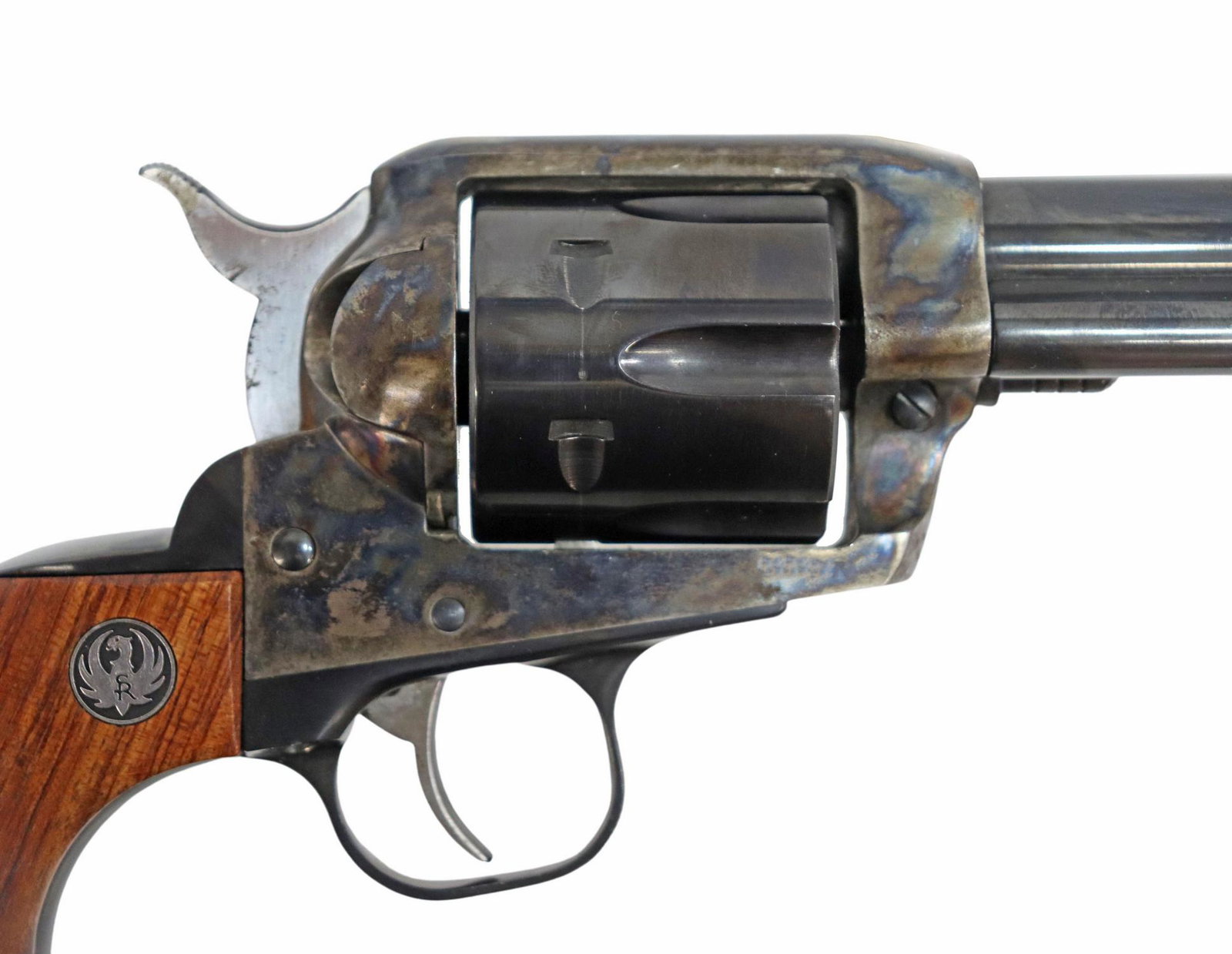 RUGER VAQUERO .45 CALIBER SA REVOLVER: Ruger Vaquero revolver, single action,.45 caliber, 7.5" barrel, blade front sight, six round cylinder, case hardened frame, wood Ruger logo grips, comes with papers and Ruger hard box, 98% finish with