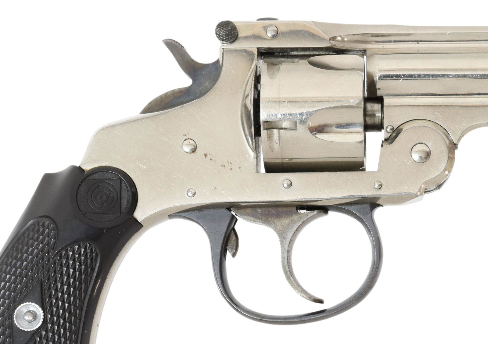 HARRINGTON & RICHARDSON PREMIER .32, NICKEL, 98%: Harrington & Richardson Premier revolver, double action, .32 S&W caliber, 4" barrel, two line address at barrel top with last date "April 7, '96", top break, five round cylinder with auto ejector, bla