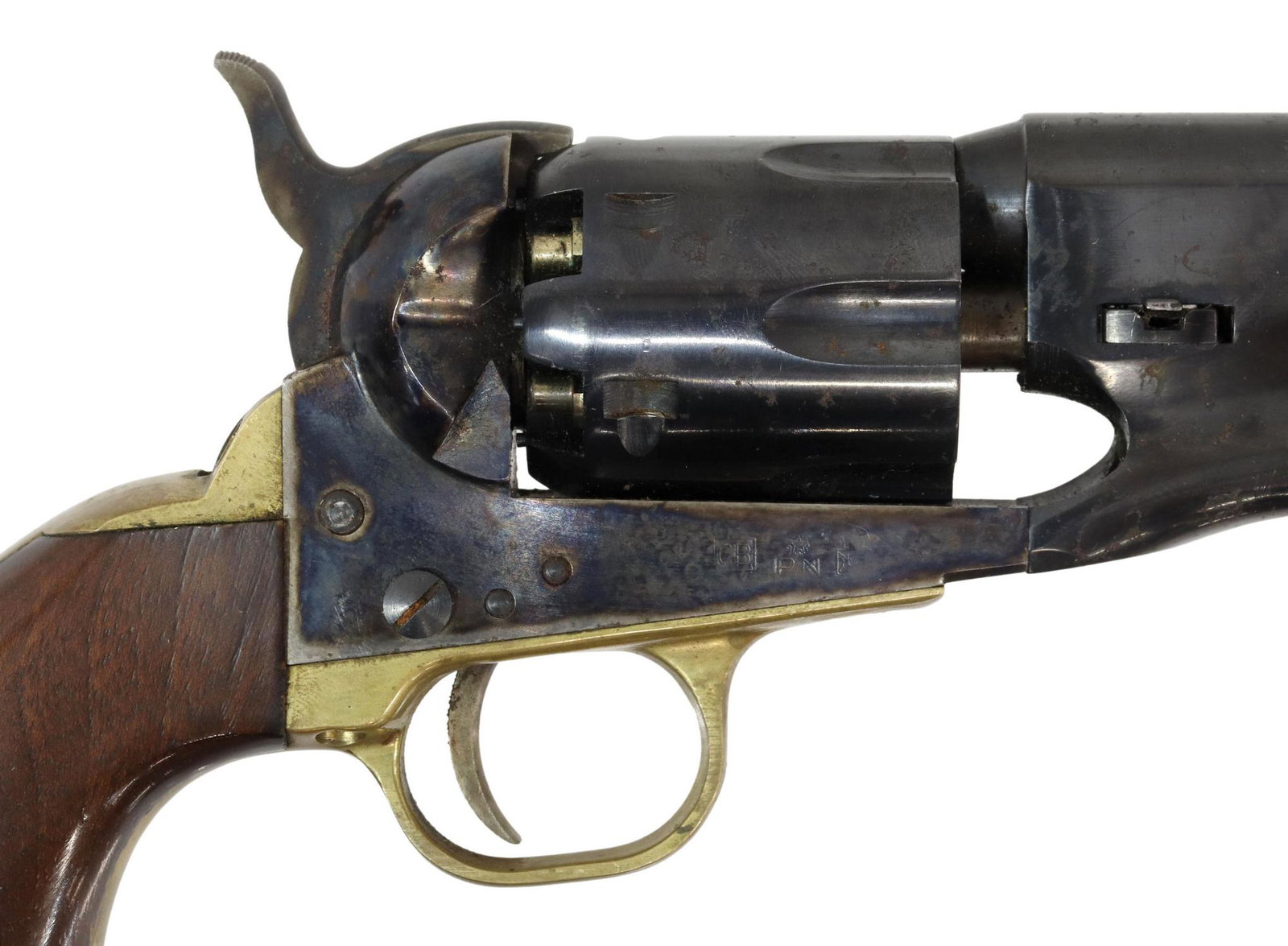 PIETTA COLT BLACKPOWDER 1862 POLICE REVOLVER: Pietta Black Powder Colt 1862 Police revolver, .36 caliber, 5.5" barrel, 6 round fluted cylinder, case hardened framed, brass trigger guard and back strap, some finish loss and rubs on cylinder, good 