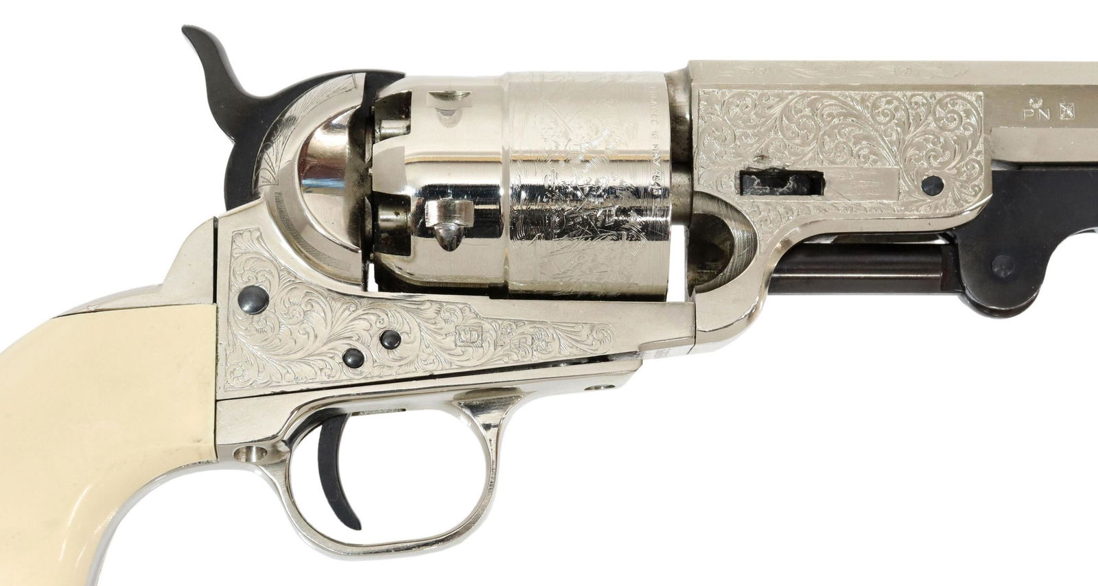 PIETTA HICKOK ACES-EIGHTS ENGRAVED 1851 COLT NAVY: Pietta, Italy reproduction Colt Model 1851 Aces & Eight's revolver remembering Wild Bill Hickok's final poker hand, the nickel plated black powder revolver with contrasting blued hammer and loading le