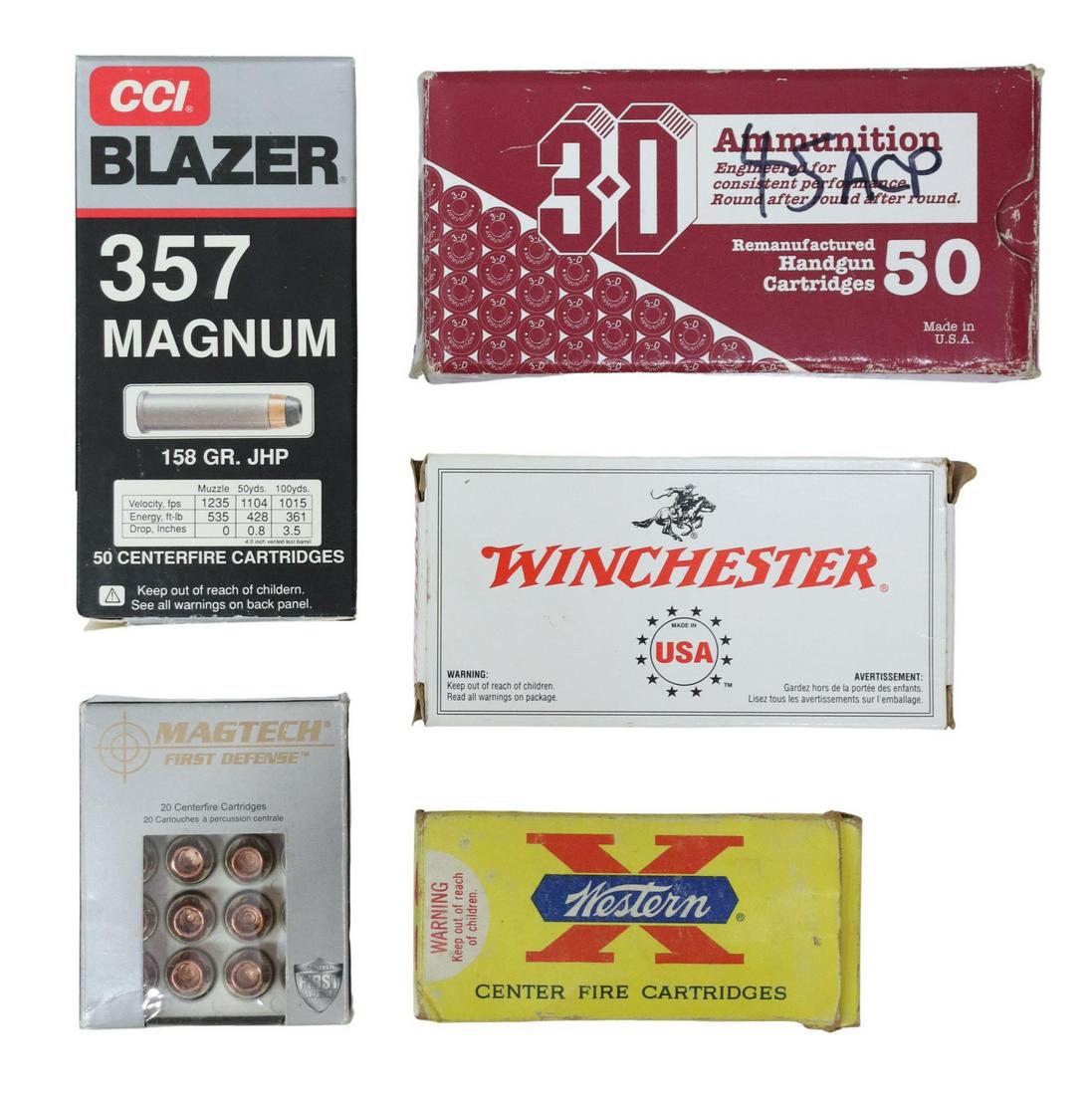 (183 ROUNDS) AMMO, .375MAG, .45ACP, .38 CARTRIDGES: **AMMUNITION MUST BE PICKED UP AT AUCTION FACILITY ONLY, BUYERS MUST BE 21 YEARS OLD** (183 rounds) Ammunition: (44) CCI Blazer .357 Magnum cartridges, 158 grain: (28) Winchester 357 Magnum, 110 grain