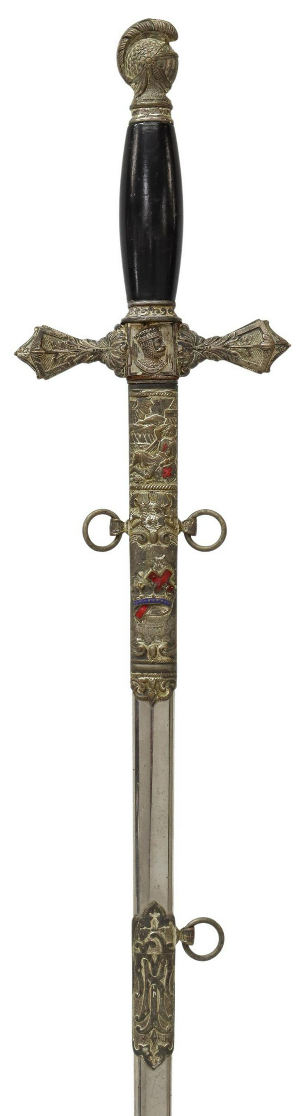 ORNATE MASONIC KNIGHTS OF TEMPLAR SWORD: Masonic Knights Templar sword, E.A. Armstrong, Chicago manufacturer, late 19th c., the 31" blade embellished with scenes of knights, crusaders, horses and foliate and engraved with the name Cornelius 