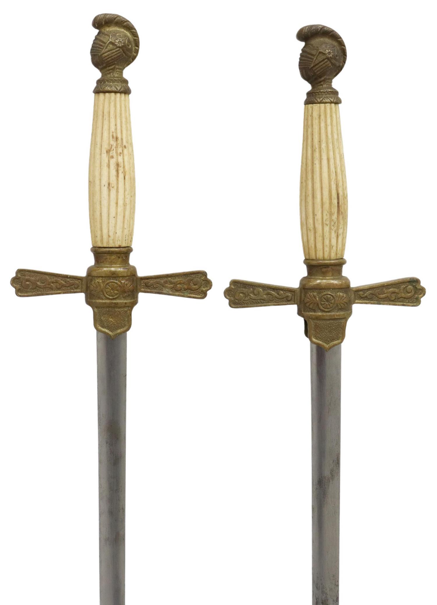 (2) MASONIC SWORDS: (lot of 2) Masonic swords, each with non embellished 27.5" blade, no makers mark, each with white ribbed bone handle and knight head pommel, black painted scabbards with brass locket and drag, paint l