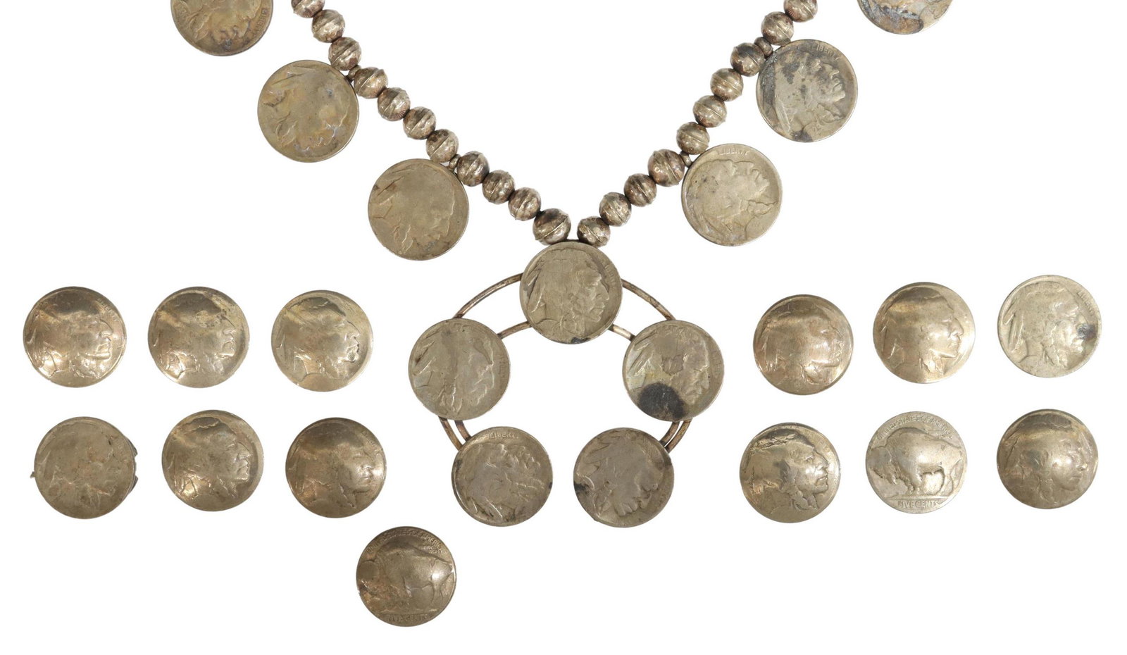 NATIVE AMERICAN BUFFALO NICKEL SQUASH BLOSSOM: Native American Indian Head / Buffalo nickel squash blossom necklace, fashioned with a single silver (content unknown) bench bead strand, mounted with (10) alternating coins, central naja formed with 