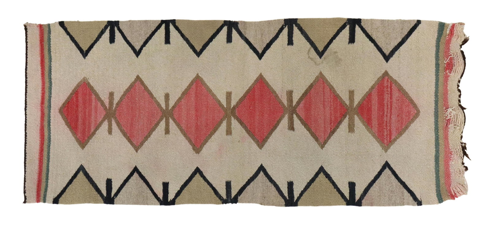 NAVAJO GALLUP THROW RUG NEW MEXICO 3'2" X 1'5": Small native American handspun wool Gallup throw rug, Navajo, mid 20th c., Gallup, New Mexico, some losses and pulling, approx 3'2"l, 1'5"w, 1.1lbs Start Price: $150.00