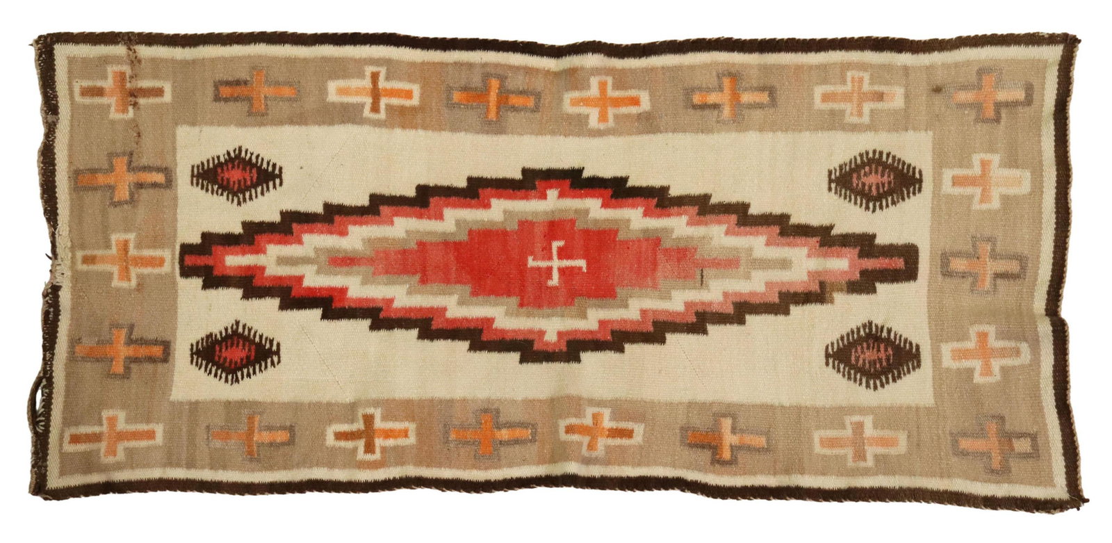 NAVAJO CRYSTAL NEW MEXICO WOOL RUG, 4'5" X 2'1": Native American wool rug, Navajo, Crystal, New Mexico, c. 1920s, with whirling log symbol at center, approx 4'5"l, 2'1"w Start Price: $80.00
