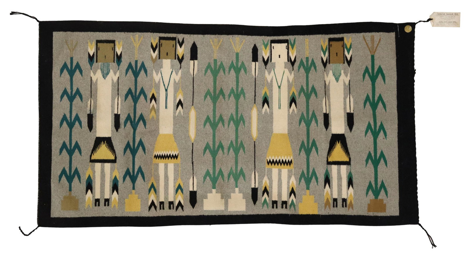 NAVAJO SHIPROCK NEW MEXICO YEI RUG 4'4" X 2'3": Native American wool Yei rug, Navajo, Shiprock, New Mexico, retaining "Russel Foutz Indian Room" makers tag, reinforced top edge, possibly for wall-hanging, approx 4'4"l, 2'3"w Start Price: $80.00