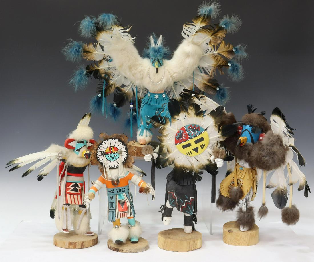 (5) NATIVE AMERICAN PAINTED WOOD KACHINA DOLLS: (lot of 5) Native American carved Kachina dolls, each polychrome painted and embellished with shells, fur, and feathers, including: (3) "Eagle", (one) signed S.C, (one) signed Fran Yazzie (Navajo), (o