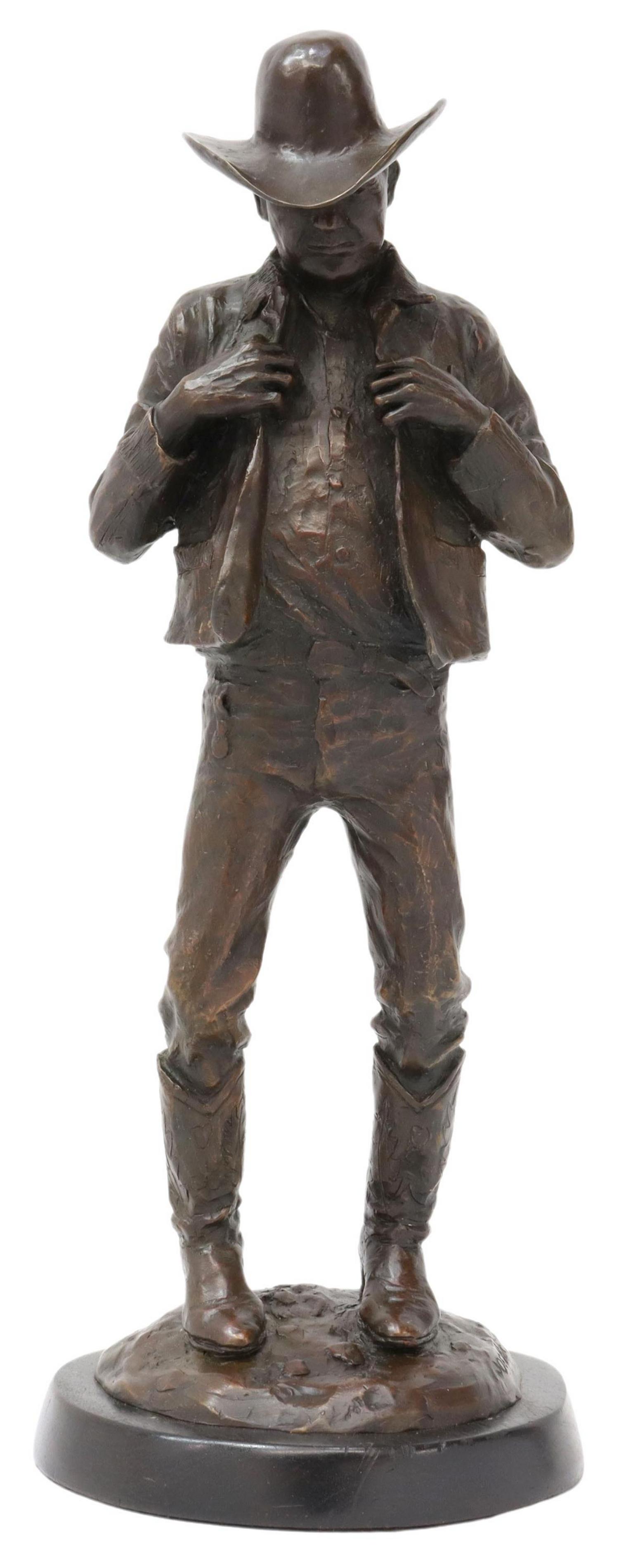 JOE BEELER (1931-2006) COWBOY BRONZE SCULPTURE: Patinated bronze sculpture, Charlie Dye, signed in cast Joe Beeler (Joe Neil Beeler, American, 1931-2006), numbered 16/ 35, Bronze Smith foundry mark, on a wood base, overall: approx 15.25"h, 6"w, 6"d