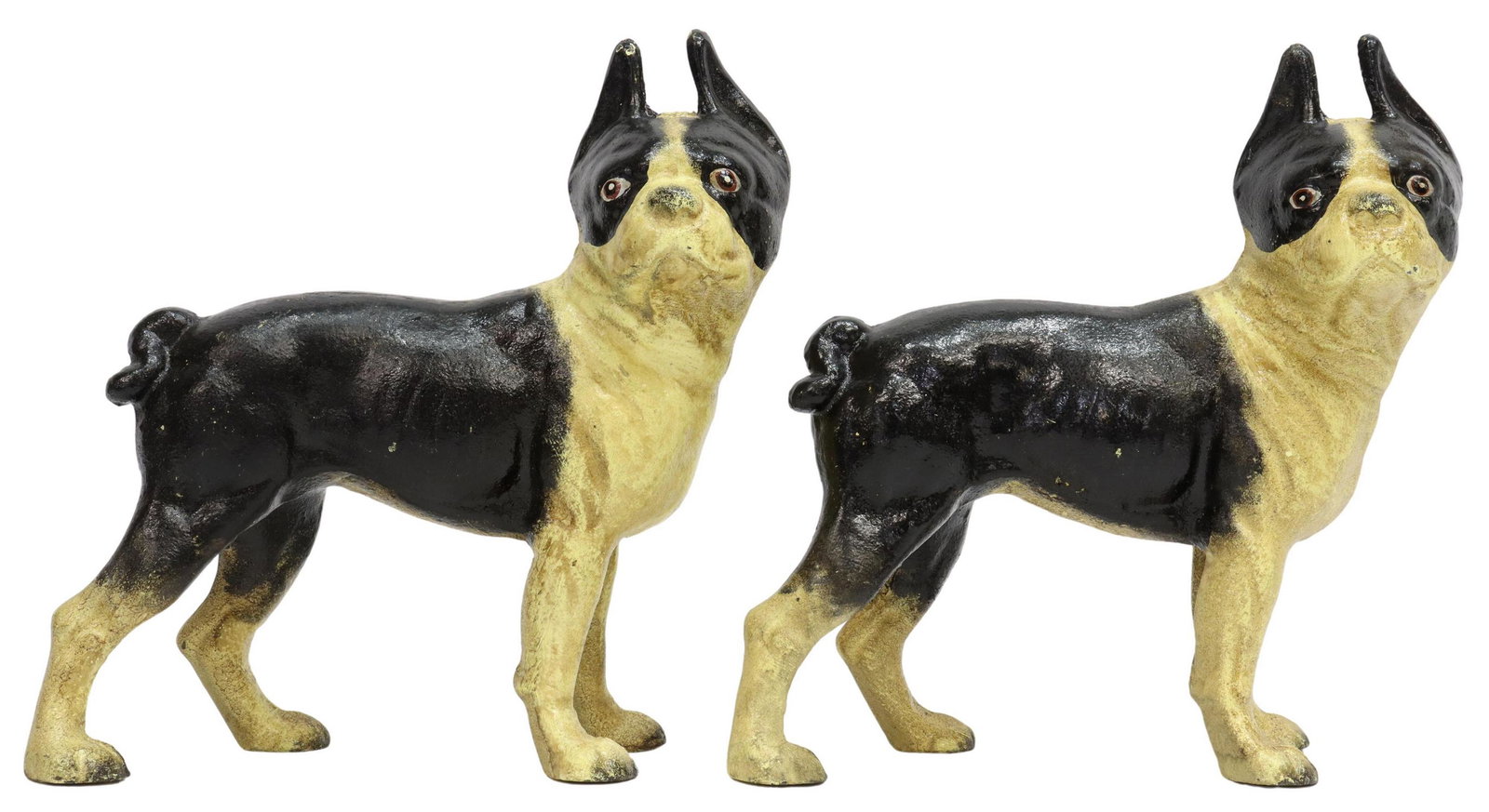 2) AFTER HUBLEY CAST IRON BOSTON TERRIER DOORSTOPS: (pair) Cast iron figural doorstops, after Hubley, each modeled as a Boston Terriers, approx 10"h, 9.5"w, 3.5"d, 16.5lbs Start Price: $100.00