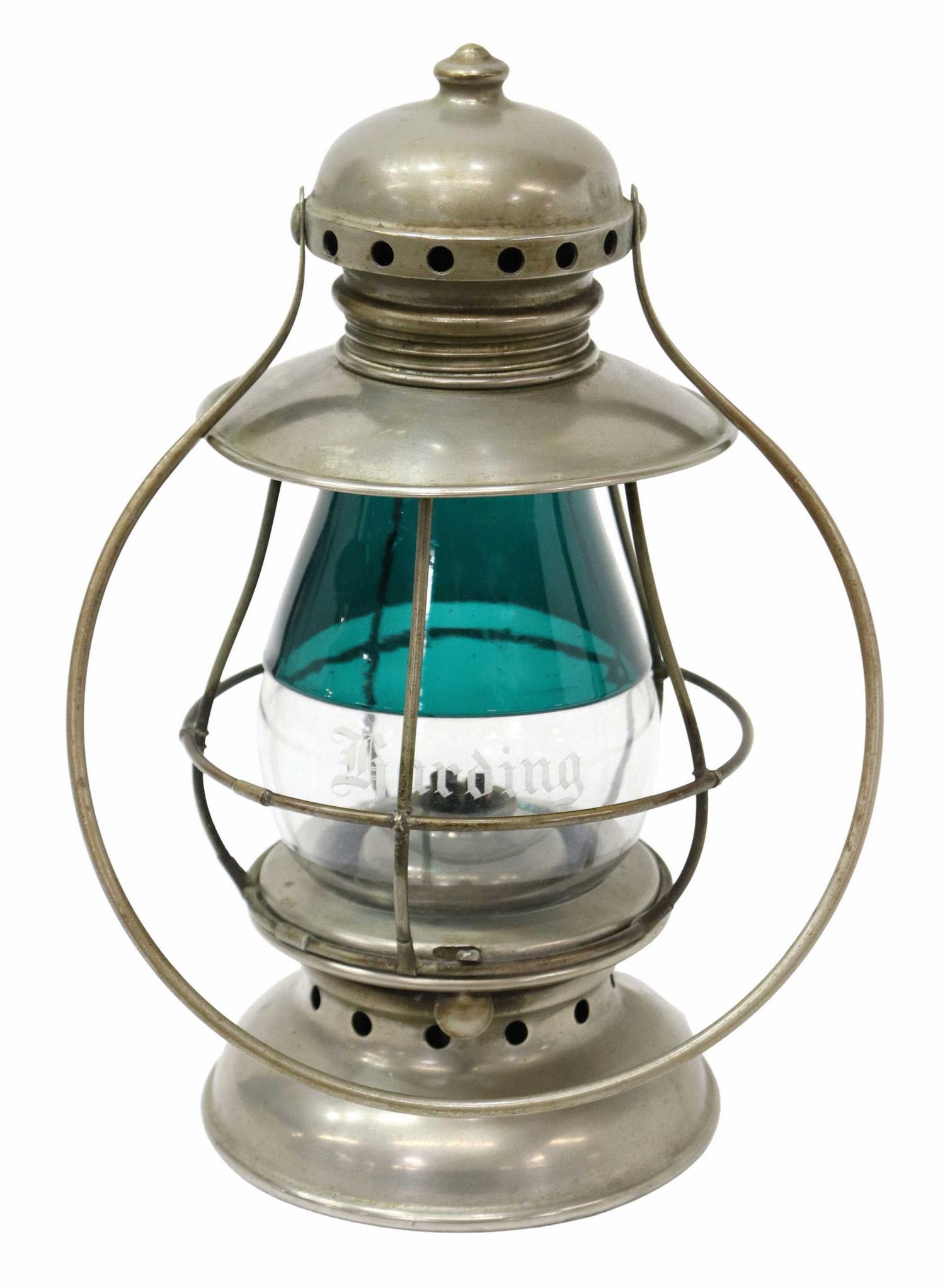 WESTLAKE PRESENTATION LANTERN TWO-COLOR GLOBE: Railway conductor's presentation lantern, William Westlake, last patent date 1865, nickel-plated brass, bail handle, green-over-clear glass globe, engraved "Harding" to front, rising on circular foot,