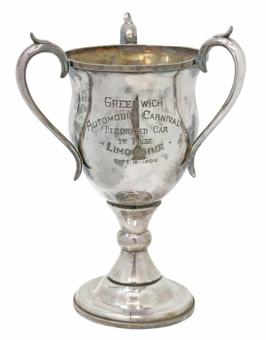 AMERICAN SILVERPLATE AUTOMOBILE TROPHY CUP, 1908: American silverplate trophy cup, Queen City Silver Company, Cincinnati, Ohio, early 20th c., modeled as a three-handled tyg/ loving cup, engraved inscription: "Greenwich Automobile Carnival, Decorated