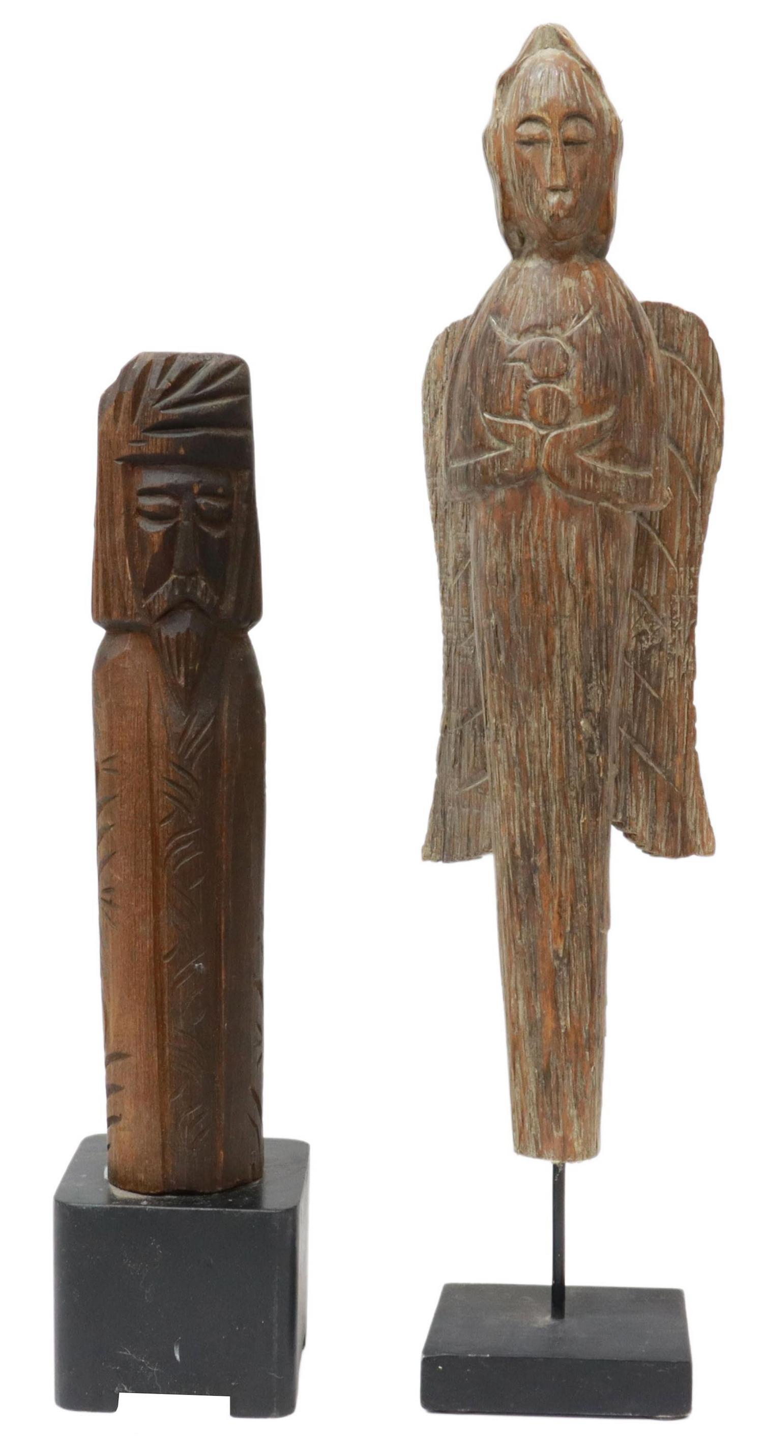 (2) CARVED WOOD RELIGIOUS SCULPTURES ON BASES: (lot of 2) Carved wood religious figures on painted pedestals, possibly Central American, including: (1) winged angel with arms crossed, (1) bearded figure in patterned cloak; largest: approx 24"h, 6"