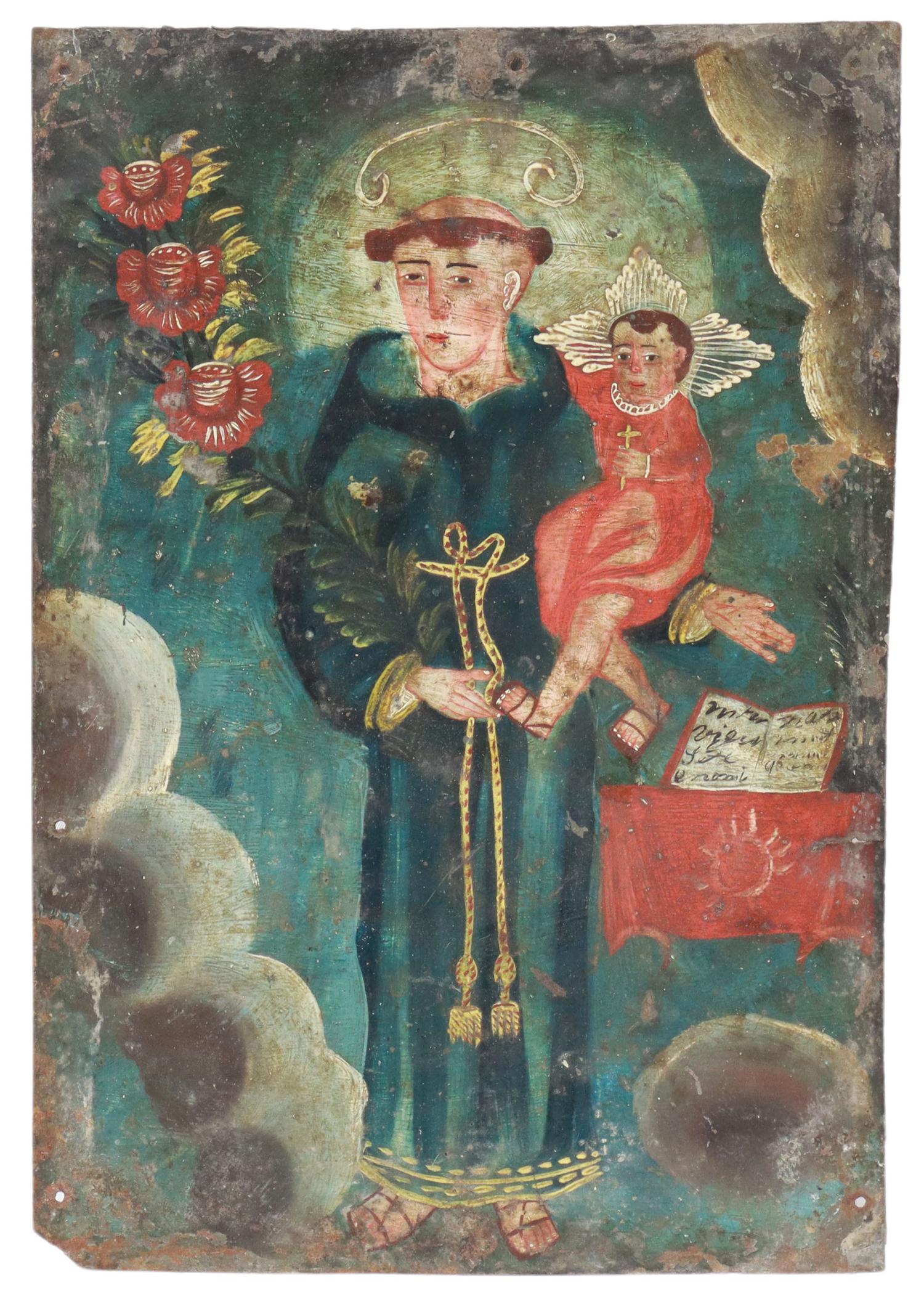 OIL ON TIN RETABLO, SAN ANTONIO DE PADUA, MEXICO: Unframed oil on tin retablo, San Antonio de Padua (Saint Anthony of Padua), Mexico, 19th c., approx 11.5"h, 8"w, 0.25lbs Start Price: $100.00