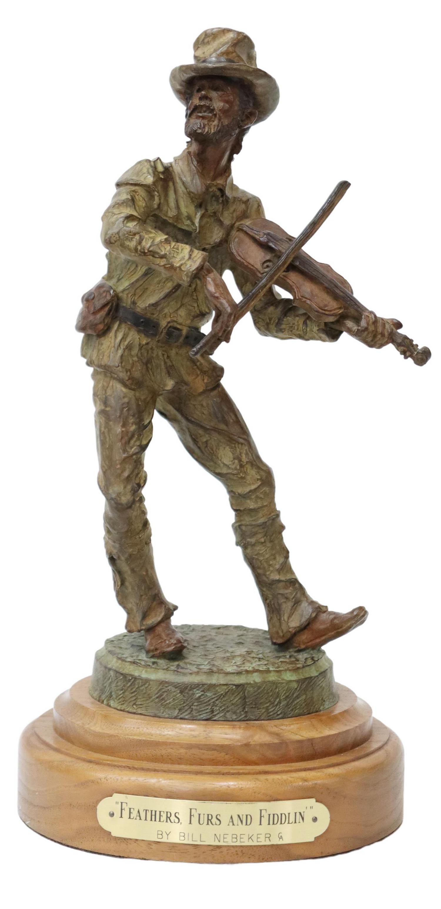 BILL NEBEKER (B.1942) WESTERN BRONZE SCULPTURE: Patinated bronze sculpture, "Feathers, Furs and Fiddlin," signed in cast Bill Nebeker CA (American, b.1942), numbered 12/ 30, dated 1987, label with artist and title on underside of wood base, overall