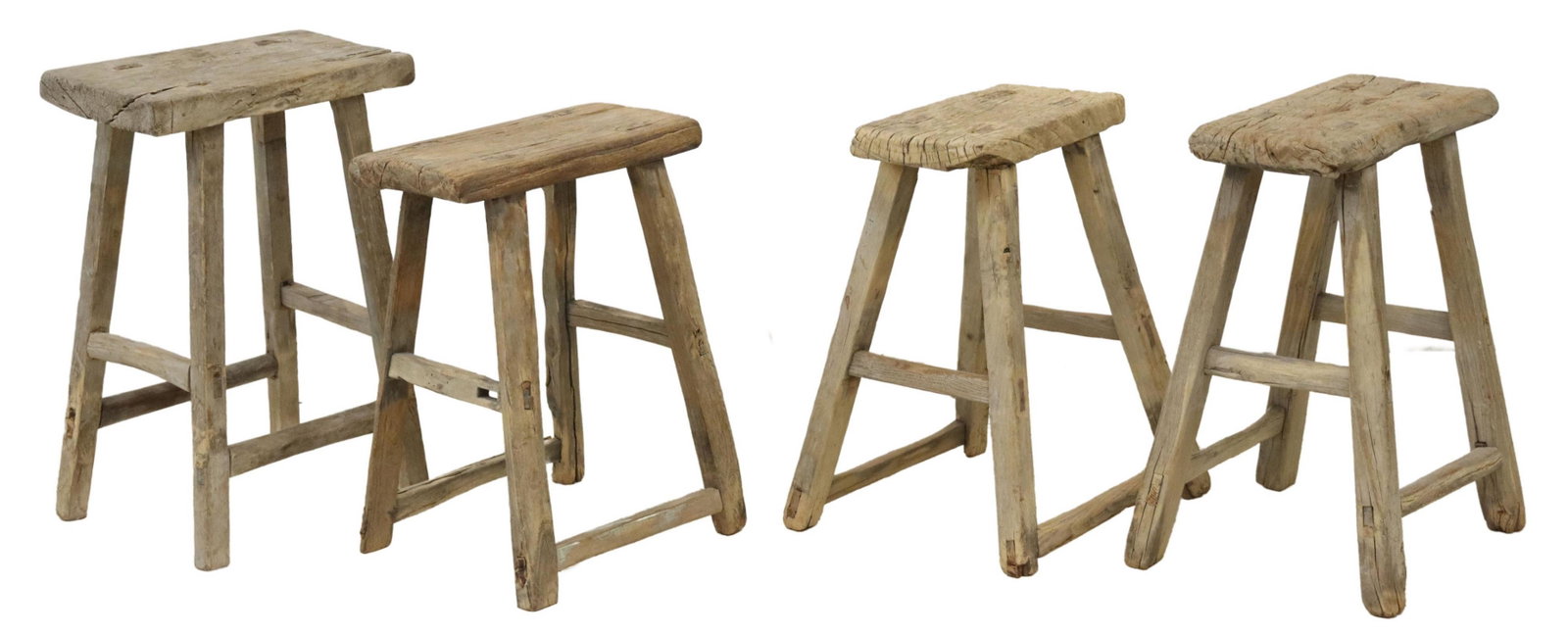(4) RUSTIC UNFINISHED MORTISE & TENON WOOD STOOLS: (lot of 4) Rustic unfinished wood stools, mortise and tenon construction seat, over stretcher-joined straight legs, largest: approx 21.25"h, 14.75"w, 11"d Start Price: $350.00