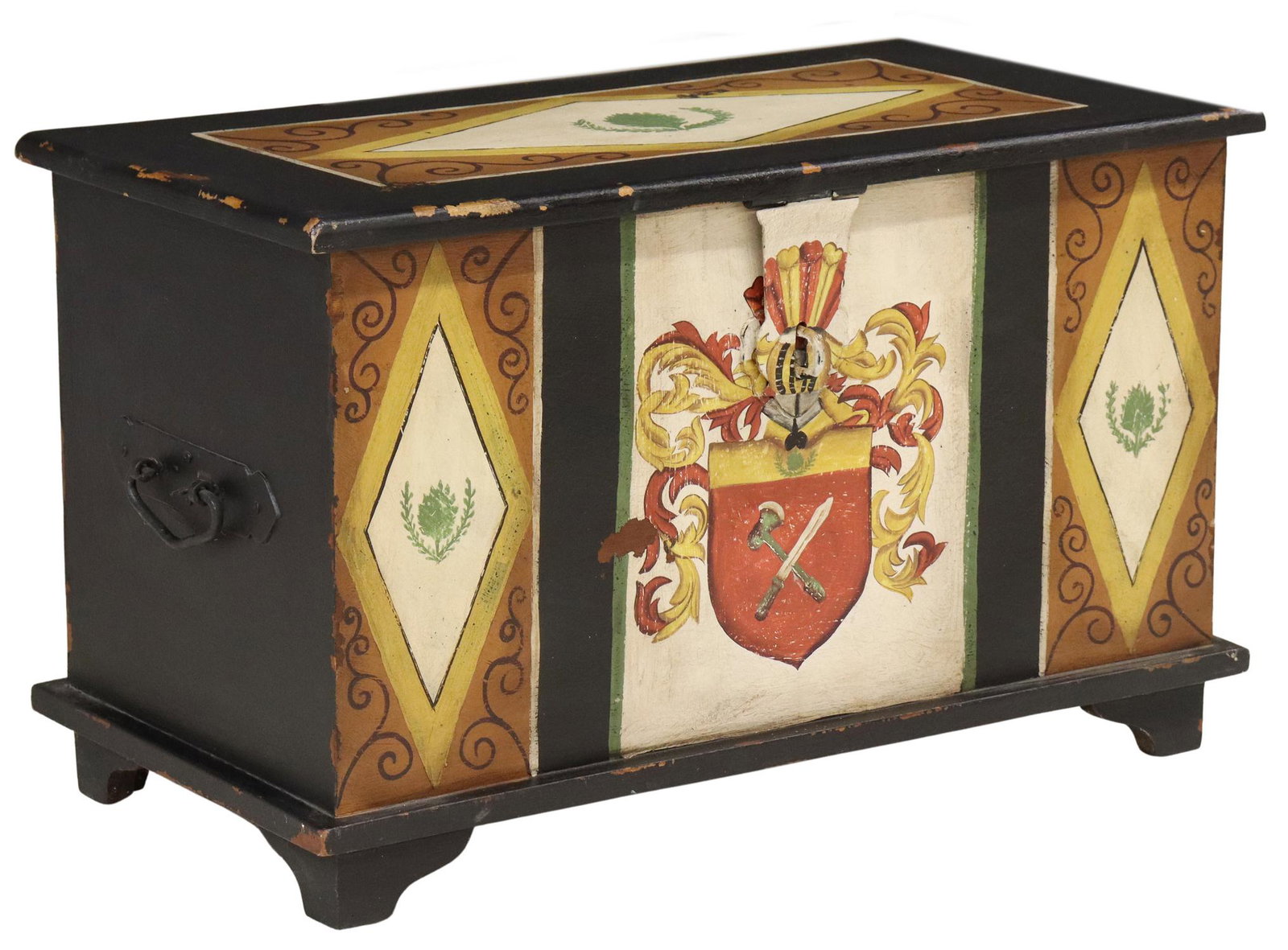 HERALDIC PAINT DECORATED STORAGE TRUNK: Paint decorated storage trunk, 20th c., front panel with heraldic coat of arms, hinged lid, interior with side till, iron carrying handles, rising on bracket feet, approx 17"h, 27"w, 14.25"d Start Pri