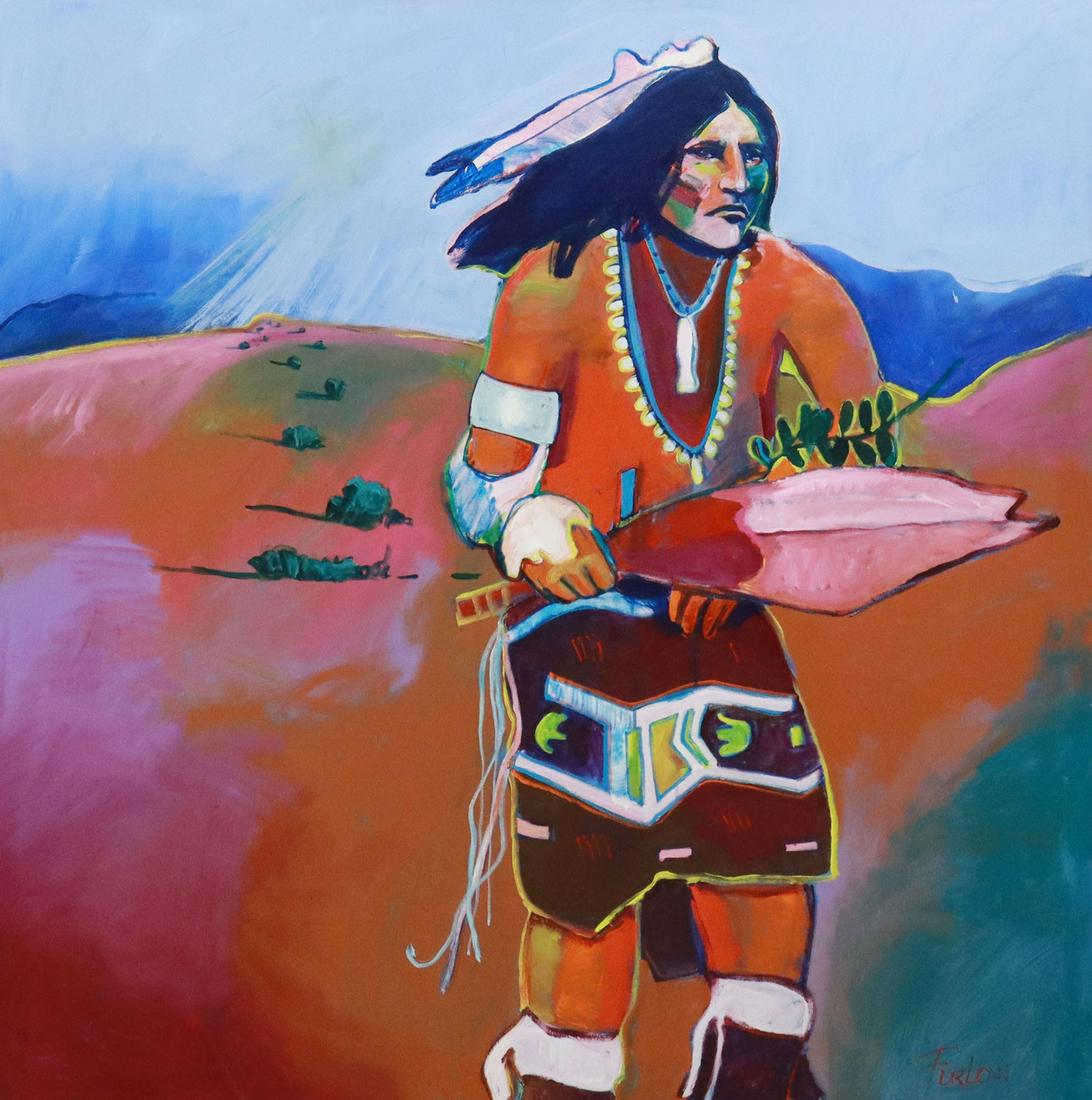 MALCOLM FURLOW (B.1946) 'RAIN DANCER,' 50" X 50": Unframed acrylic painting on stretched canvas, "Pueblo Rain Dancer," signed lower right Furlow (Malcolm Furlow, New Mexico, b.1946), signed again and titled verso, approx 50"h, 50"w, 11lbs **Note: Art