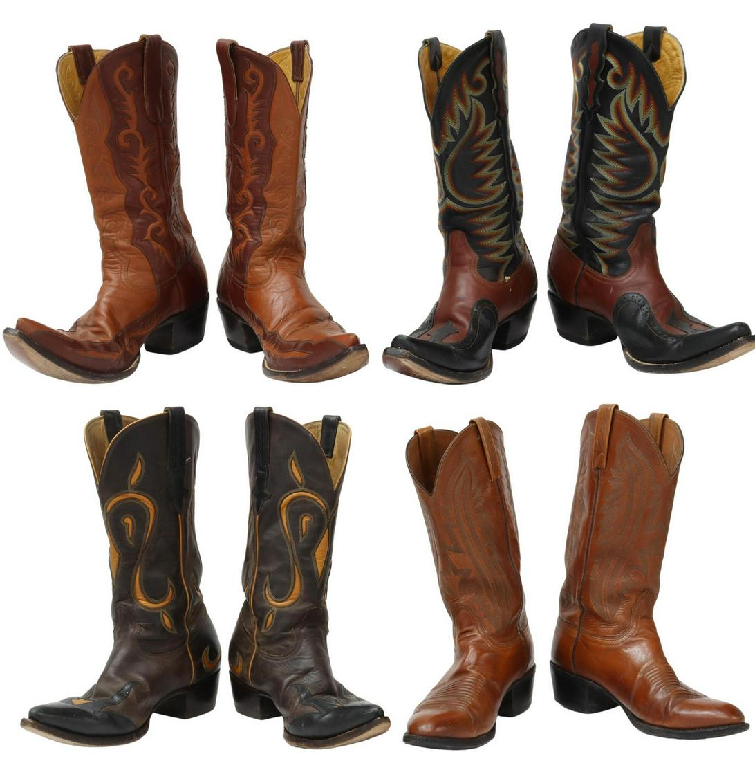 4PR) MEN'S LEATHER LUCHESE & HERITAGE COWBOY BOOTS: (4 pair) Men's leather cowboy boots, in brown and black leather, with stitched accents, all with signs of wear, including: (1 pair) Luchese, marked size 9.5, (3 pair) Heritage Boot Co., (two pair) mar