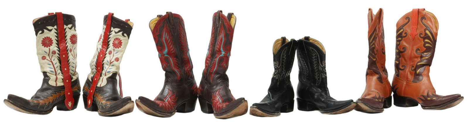 (4PR) MEN'S HERITAGE BOOT CO. LEATHER COWBOY BOOTS: (4 pair) Men's leather cowboy boots, Heritage Boot Company, with stitched accents, (3 pair) in polychrome leather, (1 pair) in black leather, all marked size 10.5, all showing wear and use, 15lbs tota