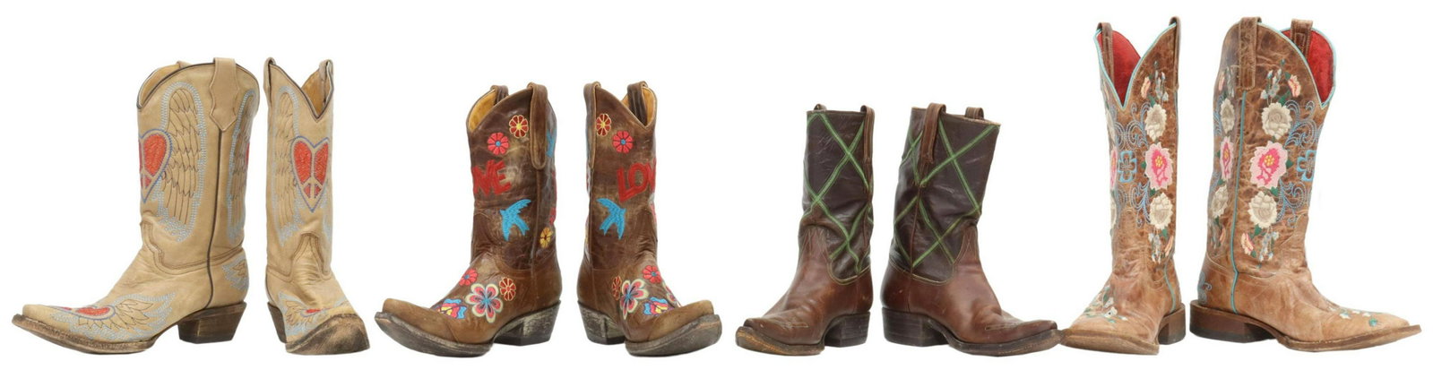 (4PR) OLD GRINGO & CORRAL WOMEN'S COWBOY BOOTS: (4 pair) Women's leather cowboy boots, all with embroidered accents, including: (pair) brown with green crisscross stitch work, unmarked, approx 10.25"h, 10"l (toe to heel), 3"w; (pair) brown with flo