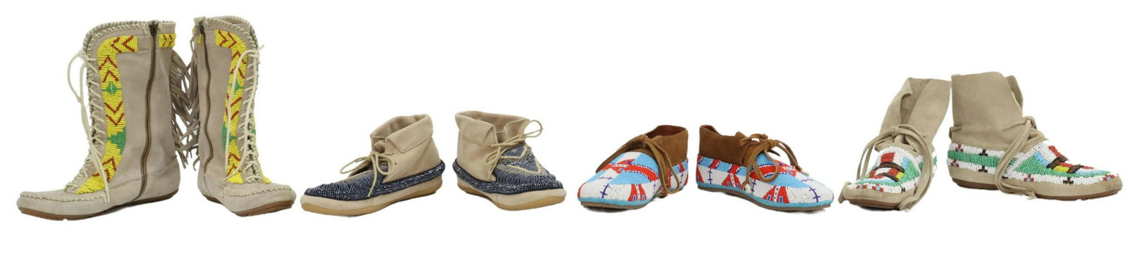 (4PR) WOMENS BEADED SUEDE MOCCASIN SHOES & BOOTS: (4 pair) Women's moccasin shoes/boots, having suede exteriors, multicolor beaded accents, reinforced rubber soles, including: (pair) Figue "Wolf" shoes, marked size 7, with puka shell details at ties,