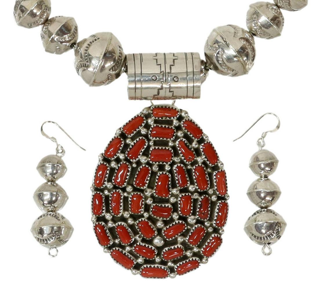 (2) MERLE HOUSE NAVAJO RED CORAL PENDANT, EARRINGS: (lot of 2) Native American jewelry, including: (1) sterling silver pendant, signed M.H. (Merle House, Navajo/ Dine, 20th c.), set with red coral, on an assembled, graduated bench bead strand, hook clo