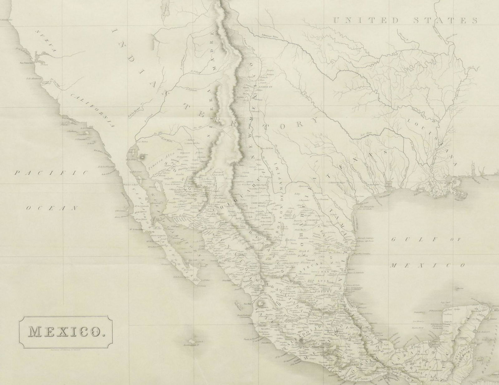 HALL MAP OF MEXICO, CAL, INDIAN TERRITORY & TEXAS: Framed engraving on paper, Map of Mexico, engraved by Sidney Hall (British, fl.1830), Bury Street, Bloomsbury, also showing New California, Indian territory, Texas (notes the location of "Austin's Tow