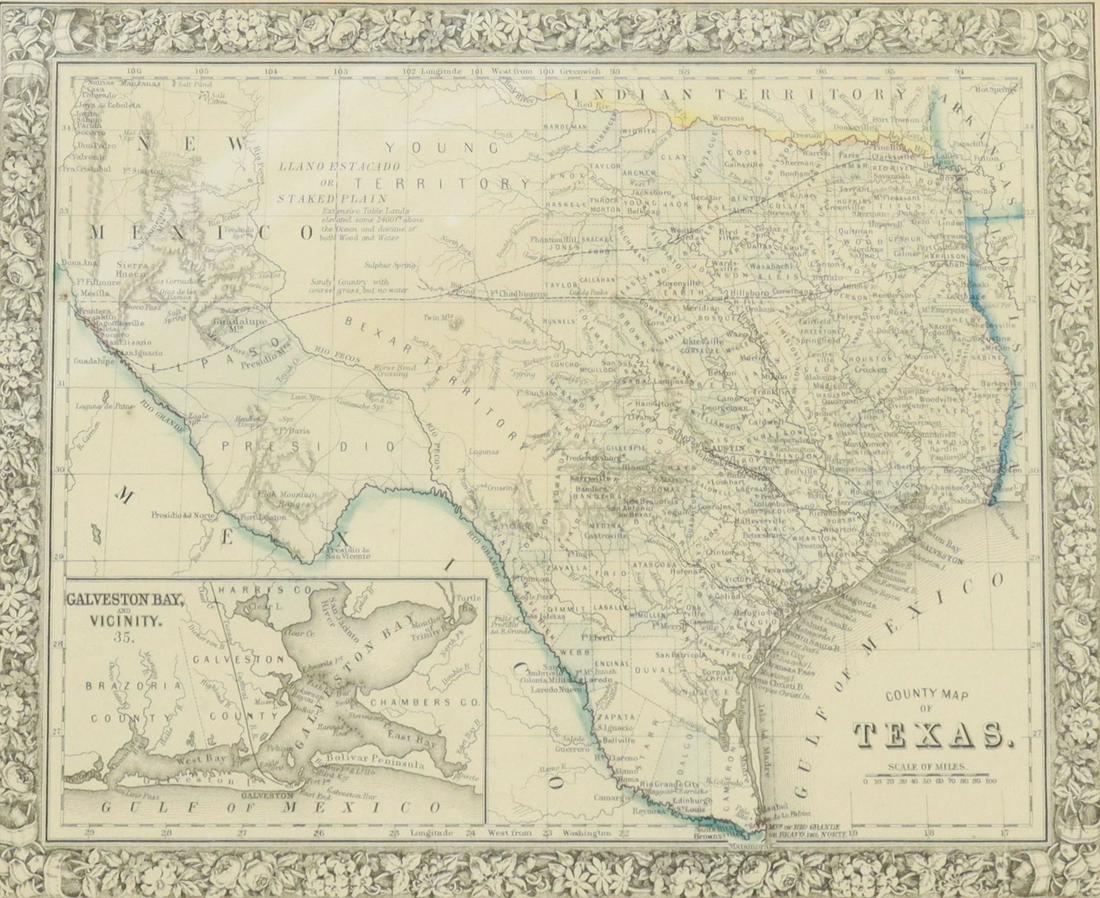 MITCHELL ATLAS COUNTY MAP OF TEXAS, GALVESTON BAY: Framed engraving on paper, County Map of Texas, with inset of Galveston Bay and vicinity, Indian territory along northern edge, entered according to Act of Congress in the year 1860 by S. Augustus Mit