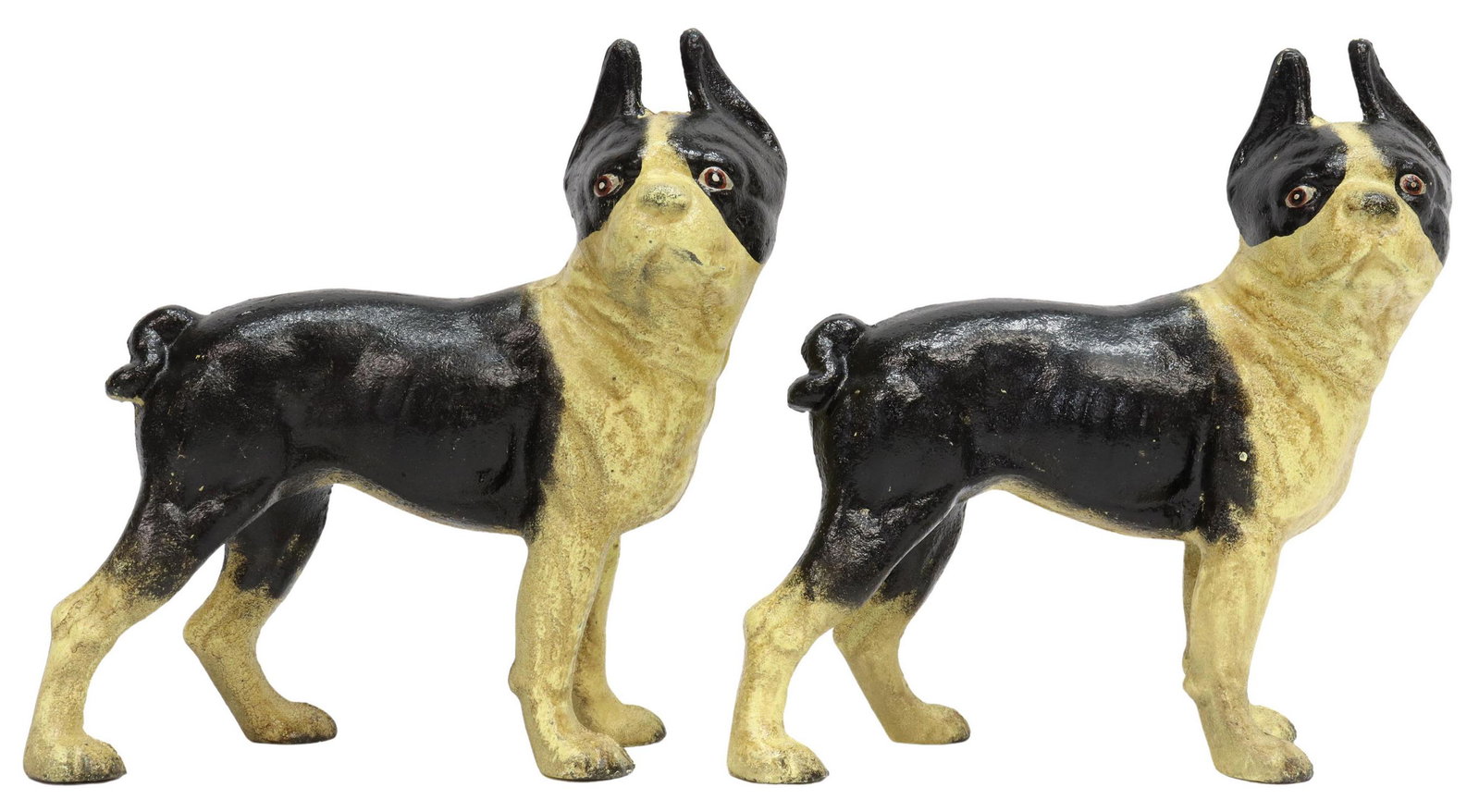 2) AFTER HUBLEY CAST IRON BOSTON TERRIER DOORSTOPS: (pair) Cast iron figural doorstops, after Hubley, in the form of Boston Terriers, approx 10"h, 9.5"w, 3.5"d, 16.5lbs Start Price: $100.00