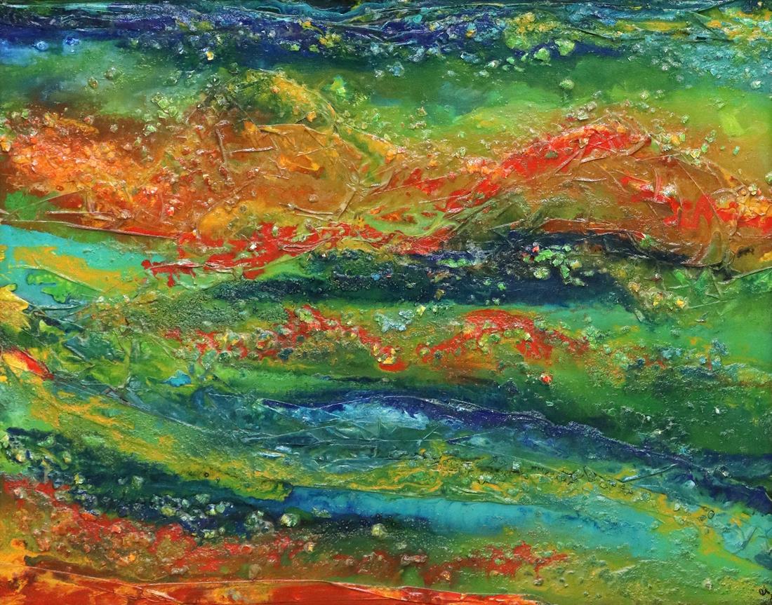 ELAINE JOSEPH MIXED MEDIA PAINTING, 24" X 30": Framed mixed media painting on canvas, "Wave on Wave," signed lower right ej (Elaine Joseph, 20th c.), titled and dated 2020 verso, sight: 23.5"h, 29.5"w, overall: 30"h, 36"w, 14.5lbs Start Price: $80