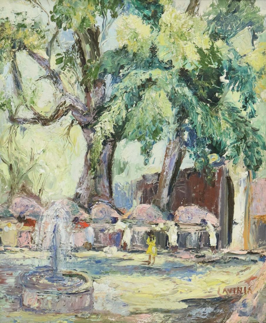 LAVINIA IMPRESSIONISTIC IMPASTO OIL PAINTING: Framed oil on Masonite painting, Town Square with Fountain, signed lower right Lavinia, sight: 22.5"h, 18.5"w, overall: 31"h, 27"w, 8.25lbs Start Price: $100.00