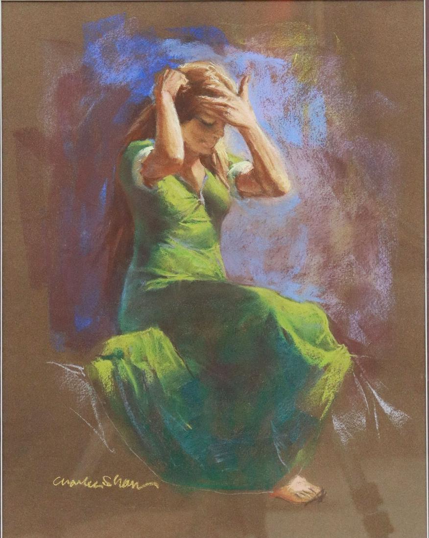 CHARLES WILLIAM SHAW (1941-2005) PASTEL PORTRAIT: Framed pastel drawing on paper, Woman in Green Dress, signed lower left Charles Shaw (Charles William Shaw, Texas, 1941-2005), sight: 17"h, 13.5"w, overall: 28"h, 23.5"w, 8.75lbs Start Price: $100.00