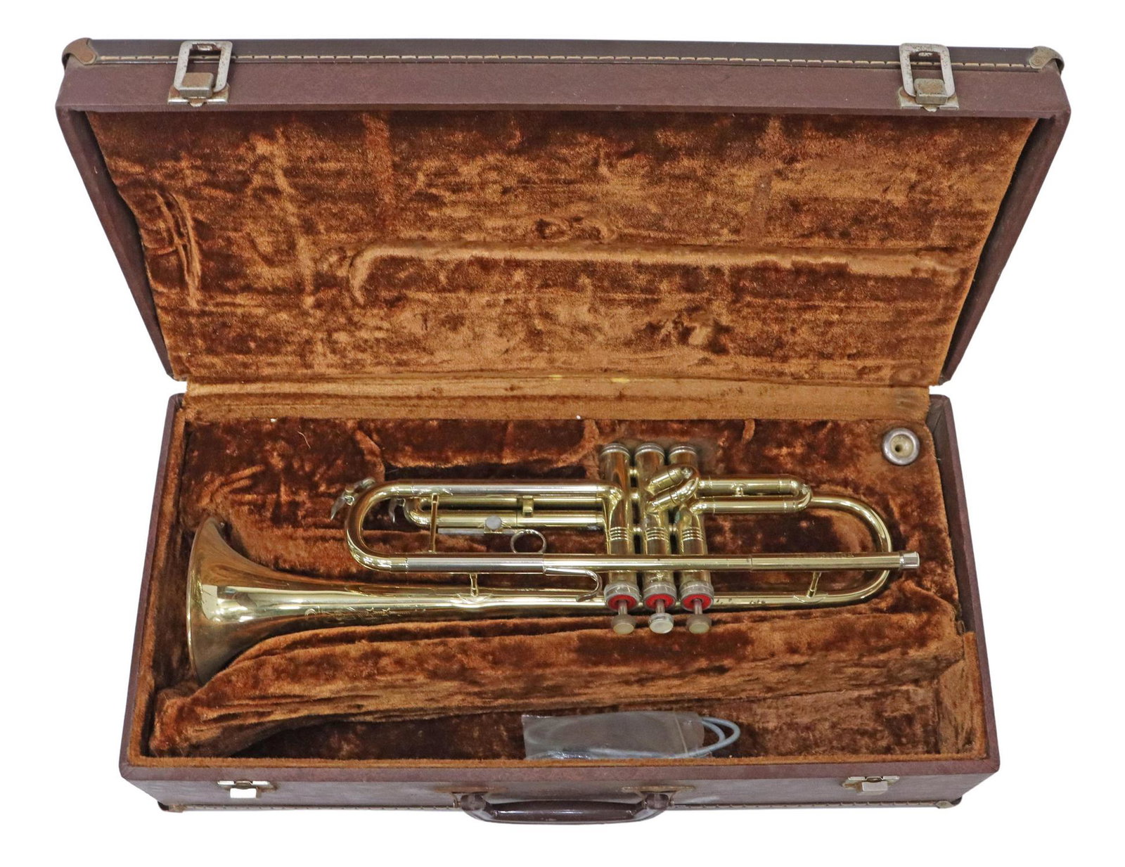 CONN U.S.A. DIRECTOR SHOOTING STAR TRUMPET: Conn U.S.A. Director trumpet, serial number E42447, mid 20th c., bell engraved with shooting stars, marching band musicians, Vincent Bach Corp. 5C mouthpiece, housed in hard case, trumpet: approx 18.5