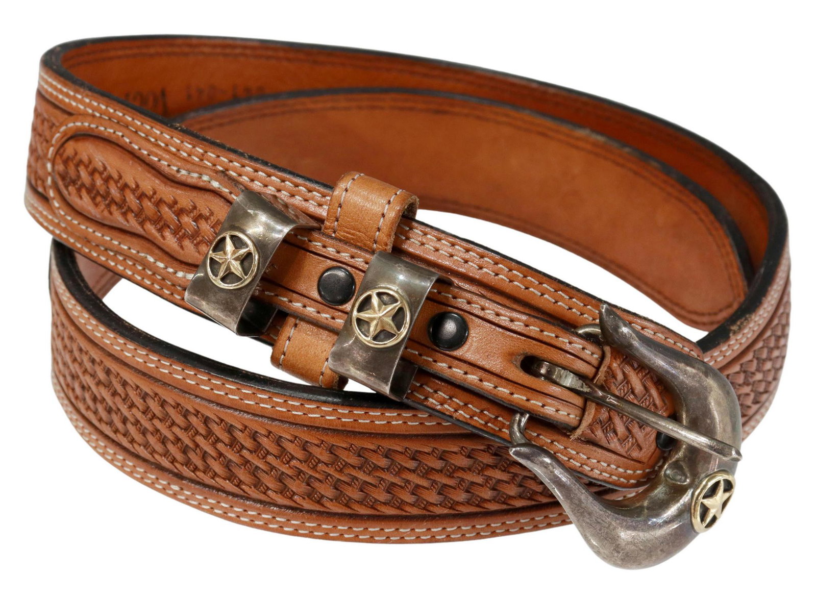 STERLING & 14KT GOLD RANGER BUCKLE LEATHER BELT: Western sterling silver and 14kt yellow gold ranger belt buckle set, JCM Houston, Texas for Comstock Heritage, Texas star design, accommodates a belt tapered to approx 0.75", including: (one) buckle, 
