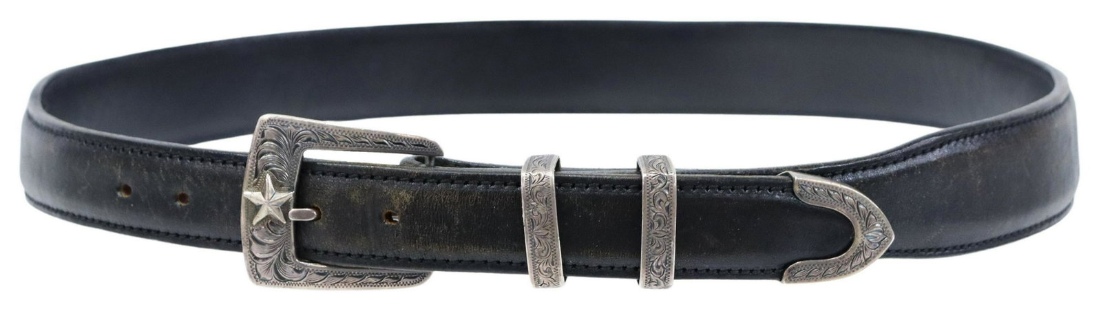 CLINT ORMS TEXAS STAR BUCKLE & VOGT LEATHER BELT: Gents leather belt and ranger buckle set: (4pc) sterling buckle set, Clint Orms Silversmith & Engraving, Texas, Clay model, foliate engraved, silver Texas star, buckle: approx 1 5/8"l, 1.5"w; on (1) V
