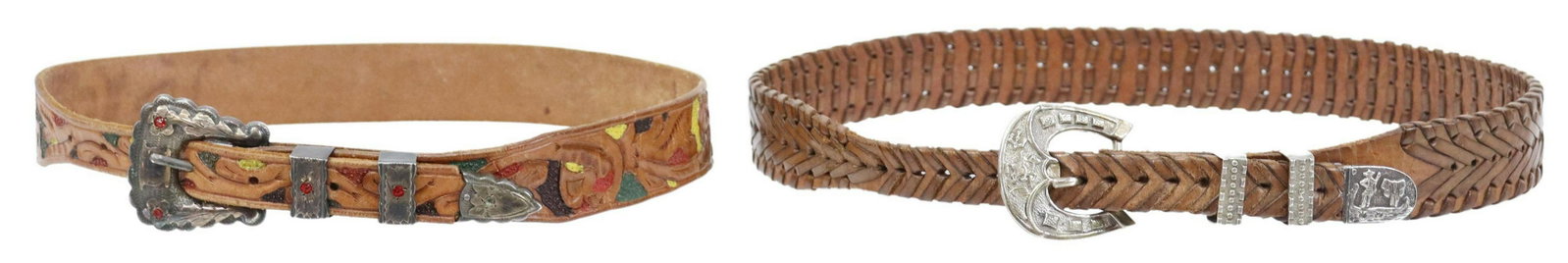 (2) STERLING RANGER BUCKLE SETS & WESTERN BELTS: (lot of 2) Western leather belts and sterling ranger buckle sets, including: (4pc) set with floral motif and red inset stones, Mexico, buckle: approx 1 5/8"l, 1.75"w, on a tooled leather belt "Chicken