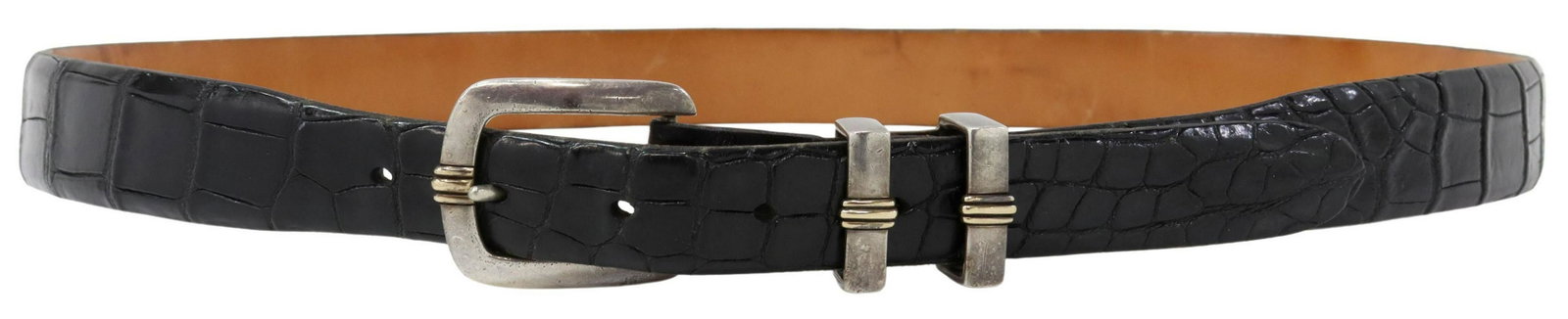DOUGLAS MAGNESS STERLING & 14KT BUCKLE SET & BELT: Gents gold and silver buckle set, Douglas Magness, Santa Fe, (2pc) set in sterling silver with thin 14kt accent, buckle: approx 1.75"l, 1.5"w, on a black belt, possible crocodile and leather lined, un