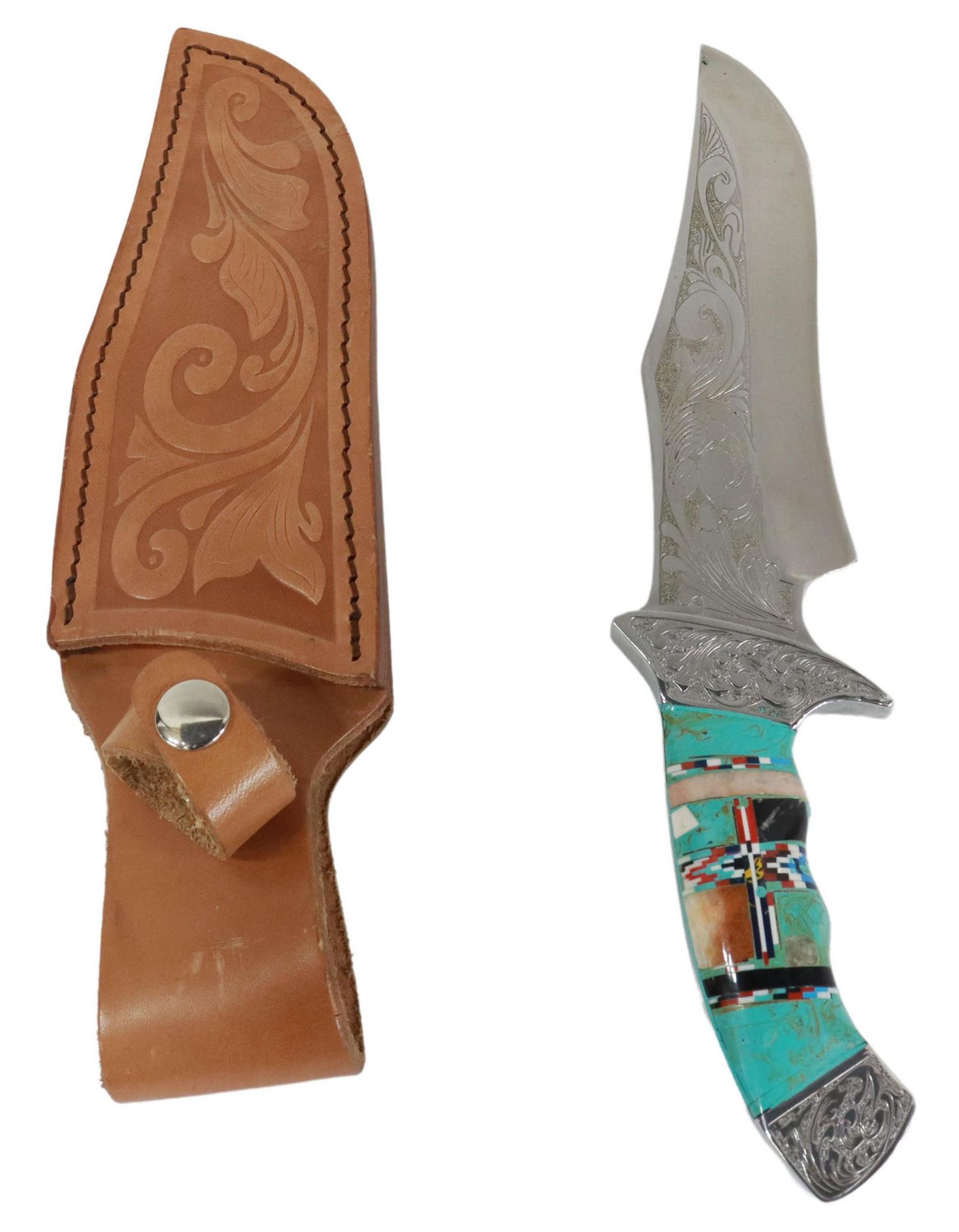 SOUTHWEST STYLE MICRO-INLAID KNIFE, LEATHER SHEATH: (lot) Southwest style inlaid seel knife, fixed blade with partial engraving, micro-inlaid handle, presented in a tooled leather sheath, knife: approx 11.25"l, in sheath: approx 12"l, 3"w, 1.25lbs Star