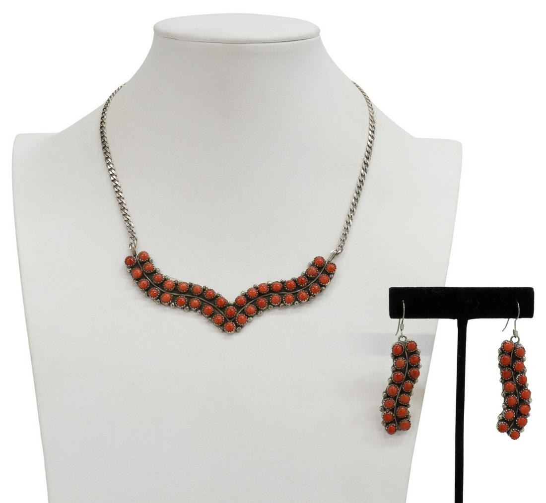 (2) BETTY BITSIE NAVAJO CORAL NECKLACE & EARRINGS: (lot of 2) Native American sterling silver jewelry, Betty Bitsie (Navajo/ Dine, 20th c.), set with red coral cabochons, including: (1) necklace, pendant on an Italian sterling silver chain, lobster cl